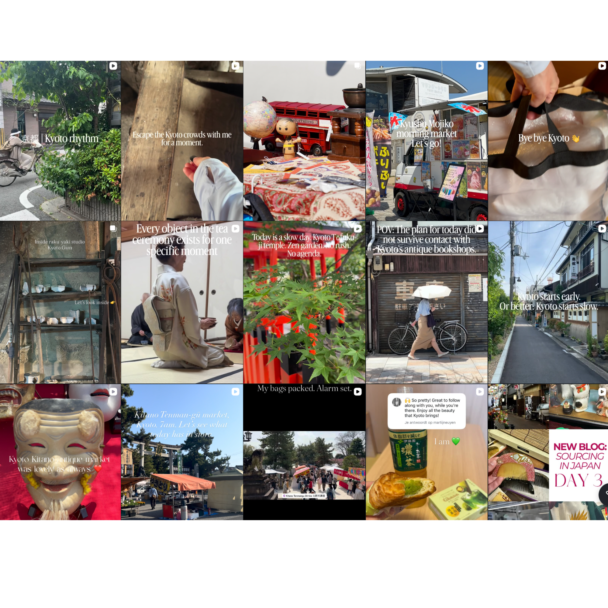 A collage of images from Kyoto, Japan, including street scenes, markets, temples, traditional crafts, and cultural artifacts.