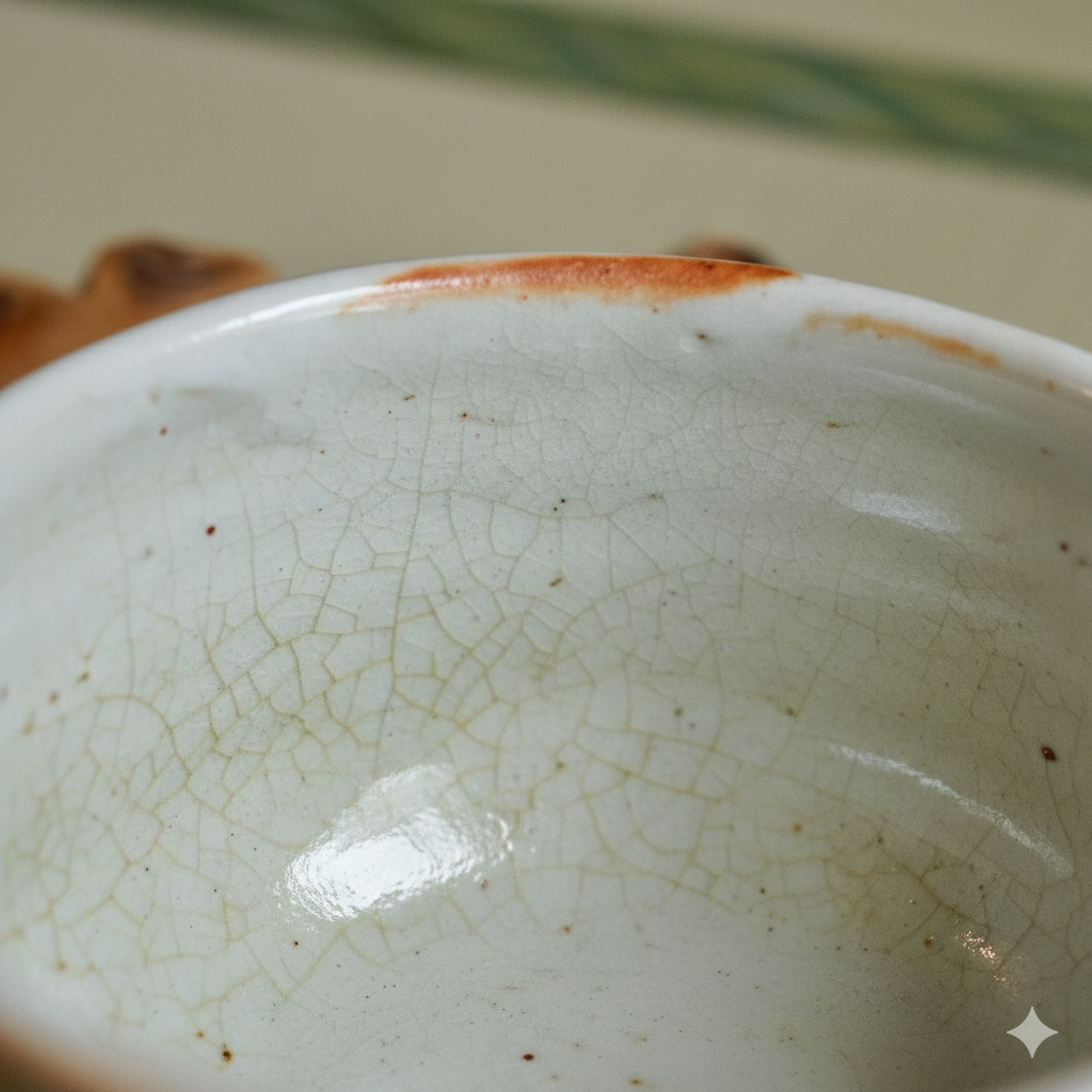 Close-up of the inside of a ceramic mug with crackle glaze and some reddish-brown stains near the rim.