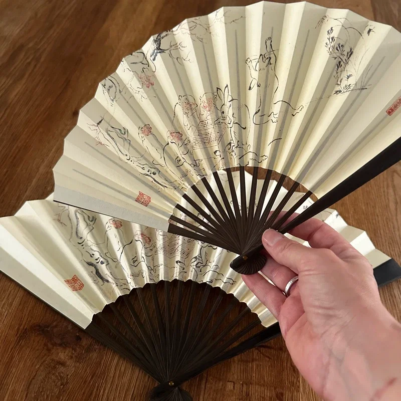 Rare vintage Japanese bamboo sensu hand fan set featuring rabbit illustration collectors item