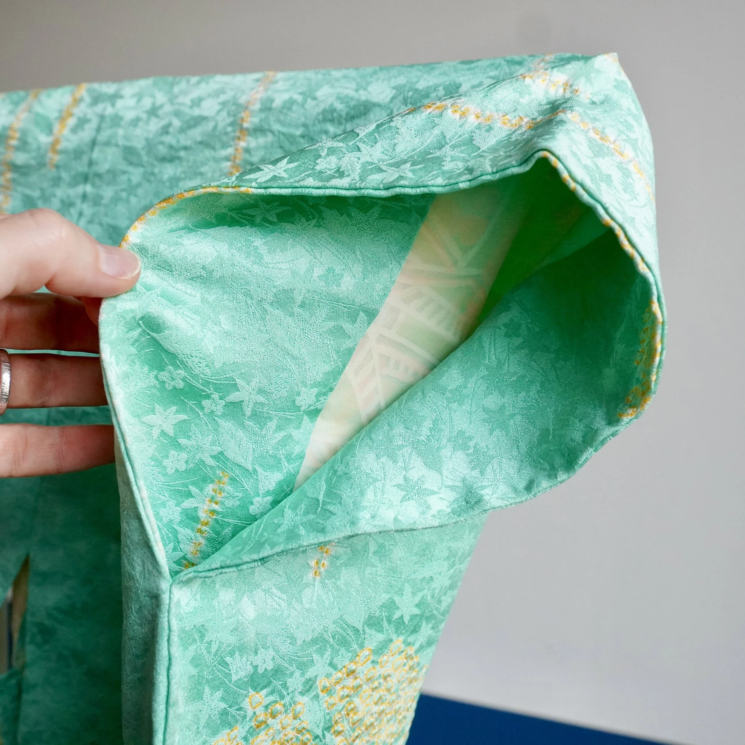Japanese silk haori mint green shibori gold maple leaf sleeve.jpg