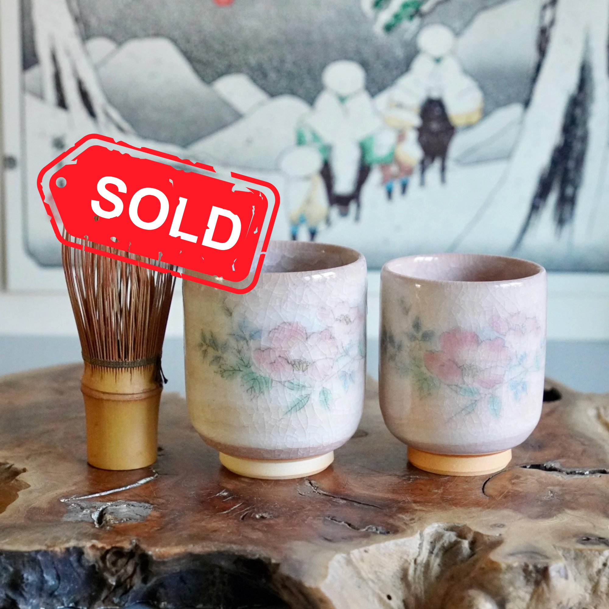 Meoto yunomi pair in Kiyomizu-yaki style from Kyoto, fine crackle glaze with hand-painted blossom motif. Showa era, ca. 1970s to early 1990s, original stickers intact. Similar pieces listed regularly.