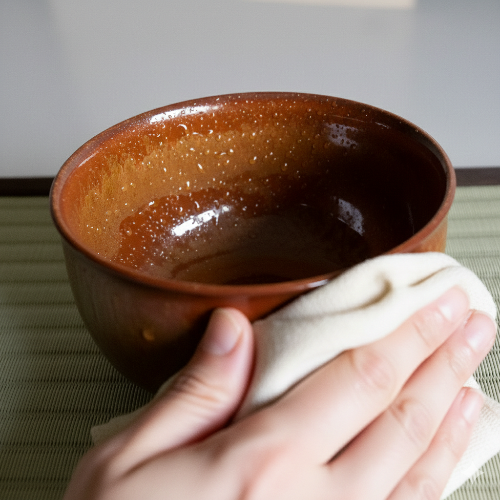A hand holding a brown ceramic bowl with a white cloth underneath, on a green textured placemat.