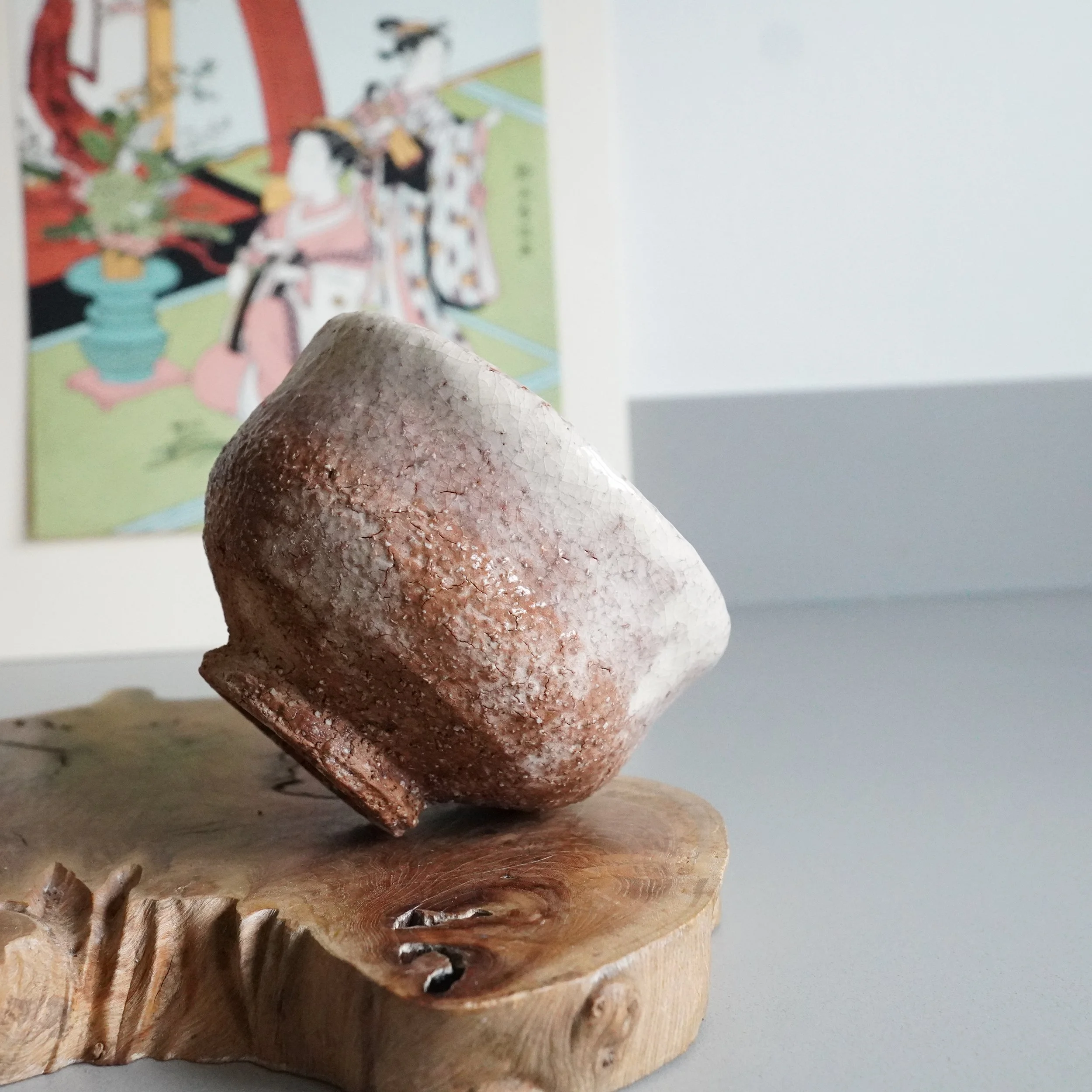 Oni-Hagi chawan Hirose Nanshu Tanga, irregular rim and white ash glaze over red clay
