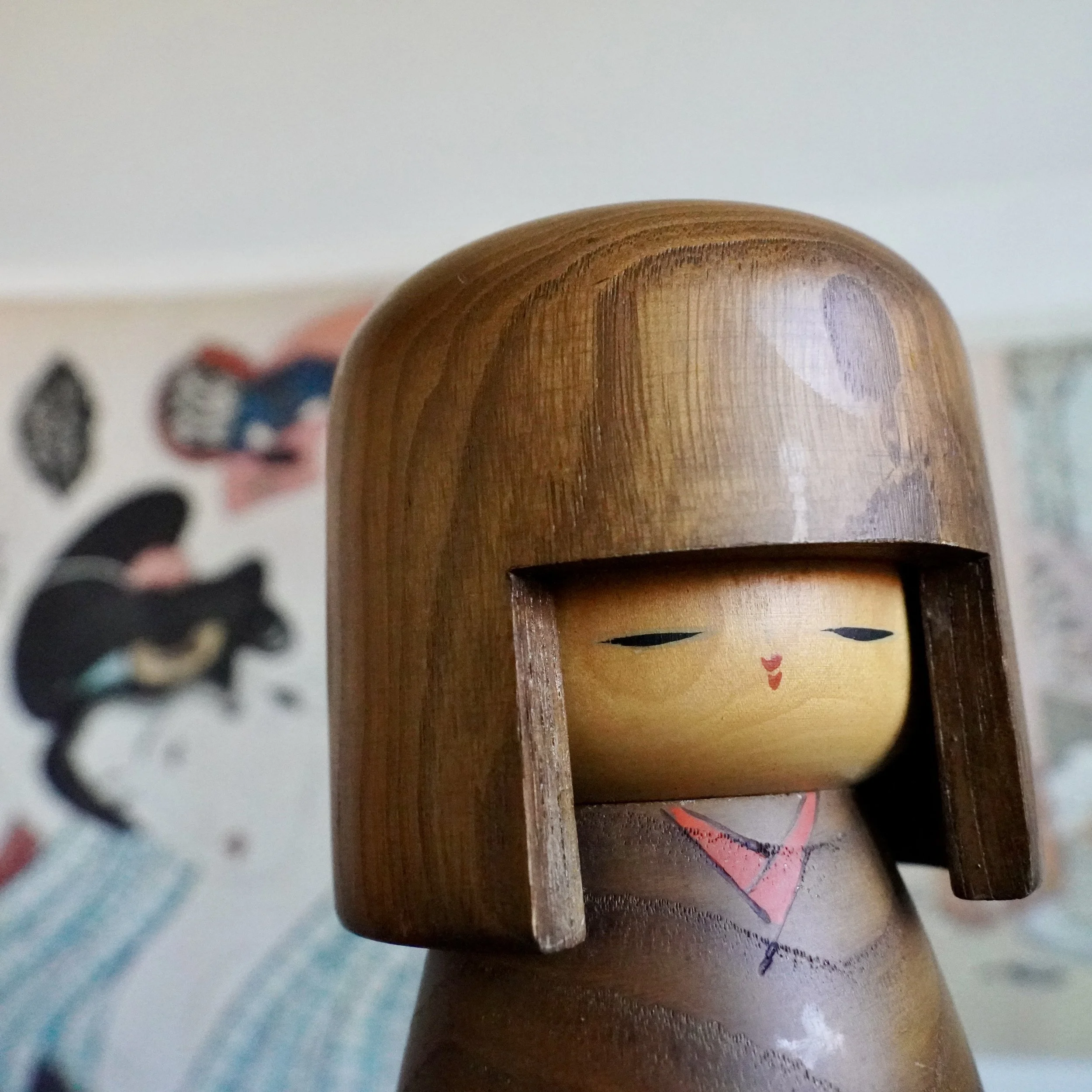 Usaburo kokeshi natural wood hair painted face detail large doll