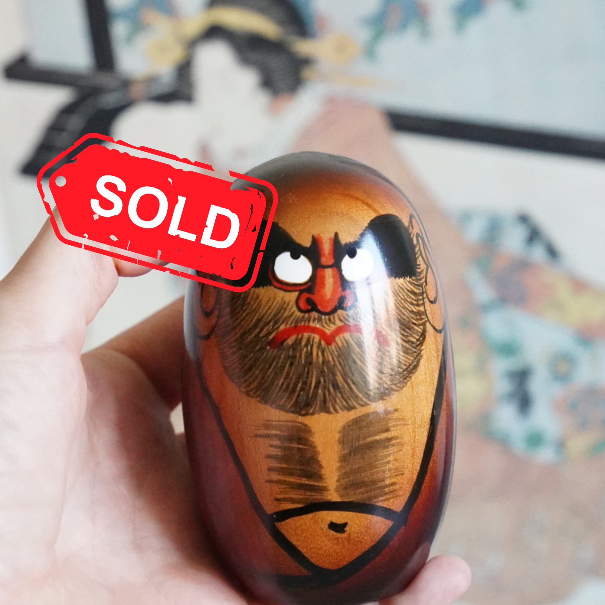 (sold) Keyaki wood Daruma Daishi by Seifu Gono turned wood with hand-painted decoration, Shōwa period