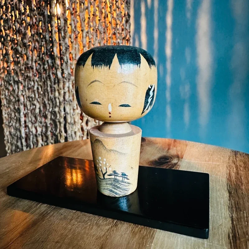 Vintage Showa era Japanese traditional wooden kokeshi doll 1960s 1970s with hand-painted motif