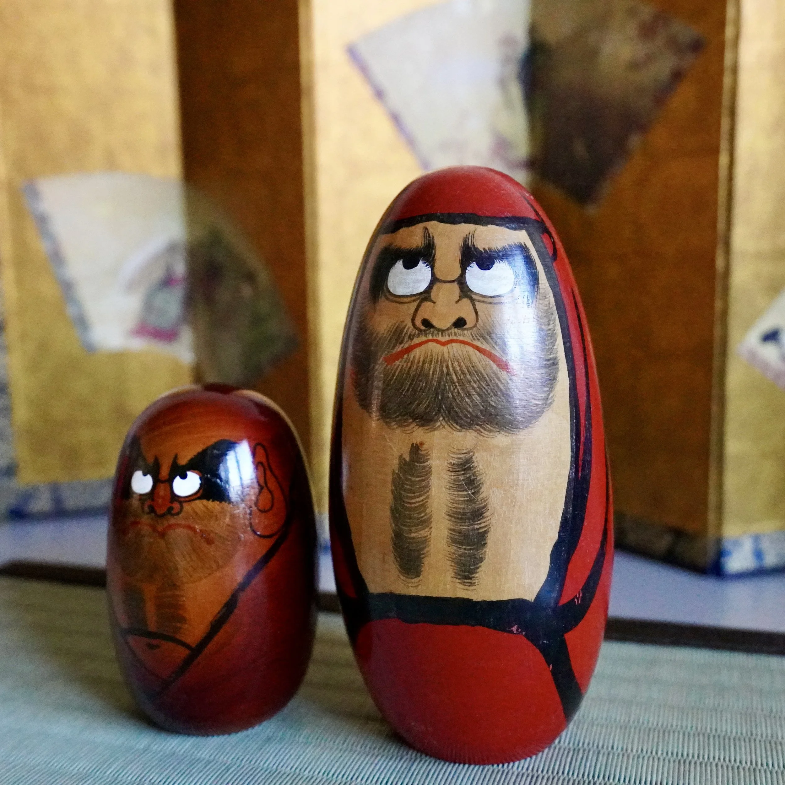Vintage Japanese daruma pair by Shido Shozan and Seifu Gono, Shōwa period, hand-painted