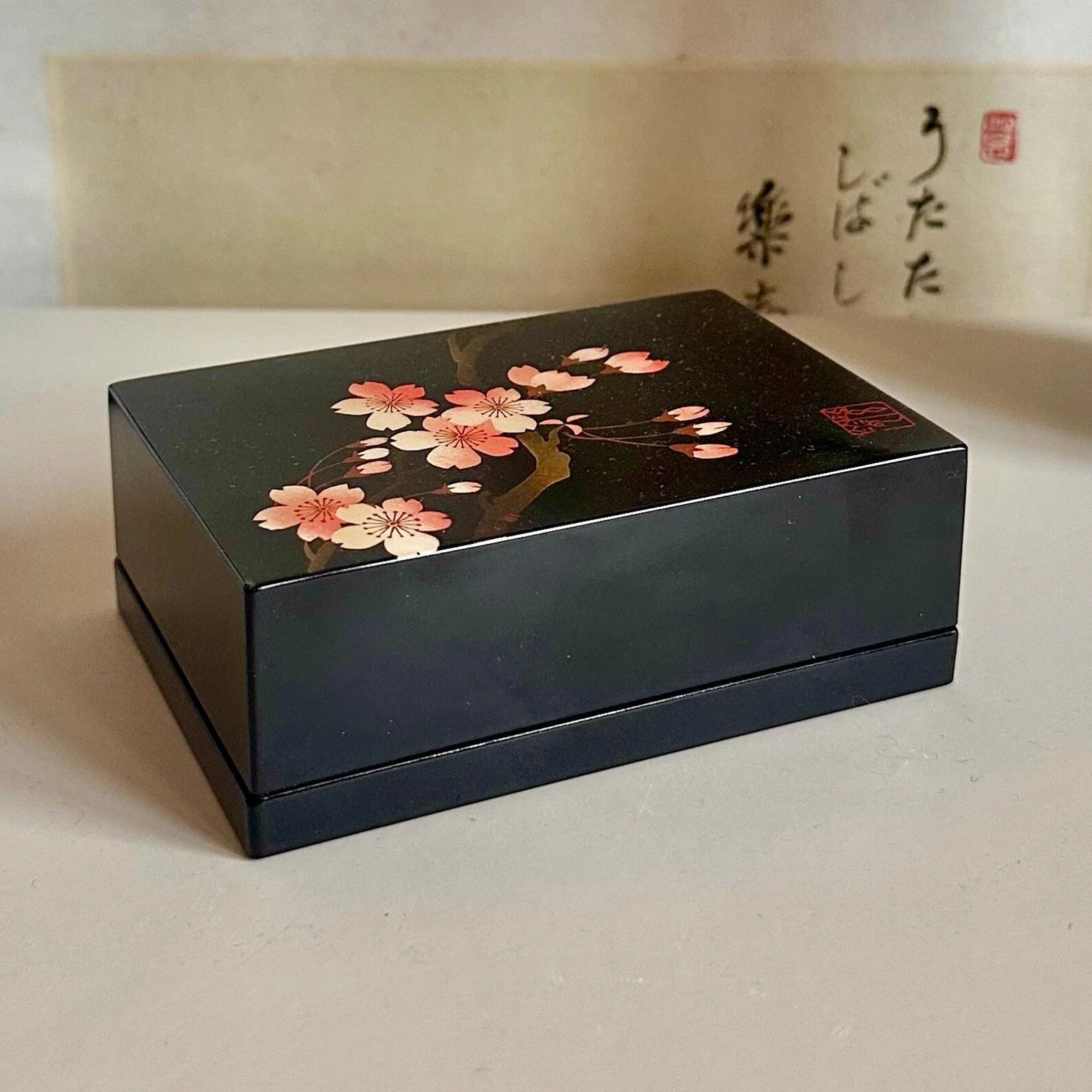 Vintage Maki-e Lacquer Box: Signed Japanese Sakura Jewelry Box