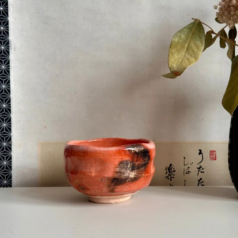 Vintage Japanse matcha chawan mok handgemaakt roze oranje wabi-sabi keramiek