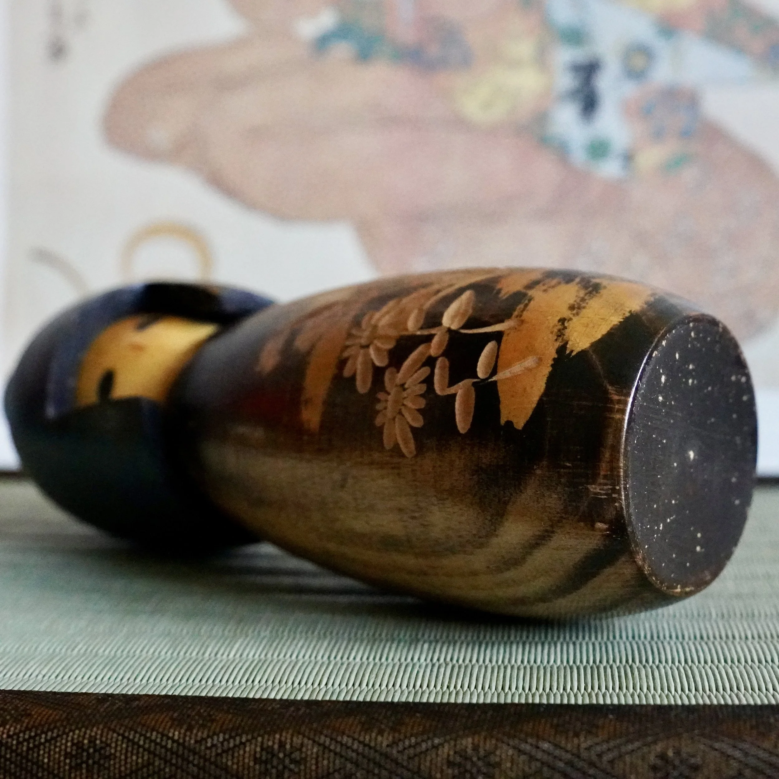 Kokeshi doll base and underside, turned wood, signed Takeda Masashi