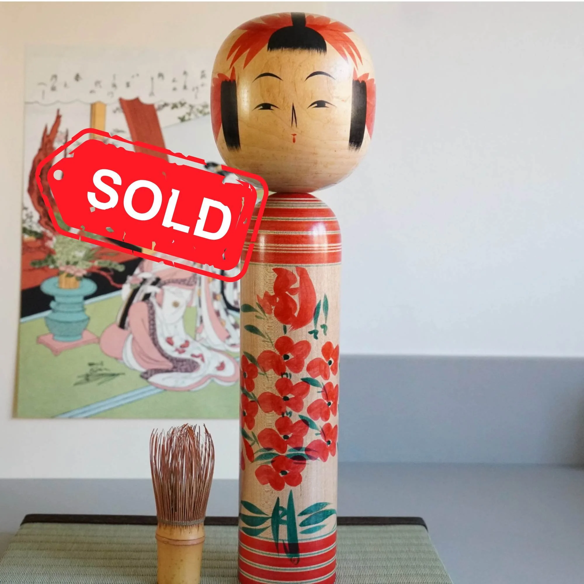 (sold) Large traditional Yamagata kokeshi by Takasaki Eiichirō, chrysanthemum motif, ca. 37 cm, 1kg, Shōwa period