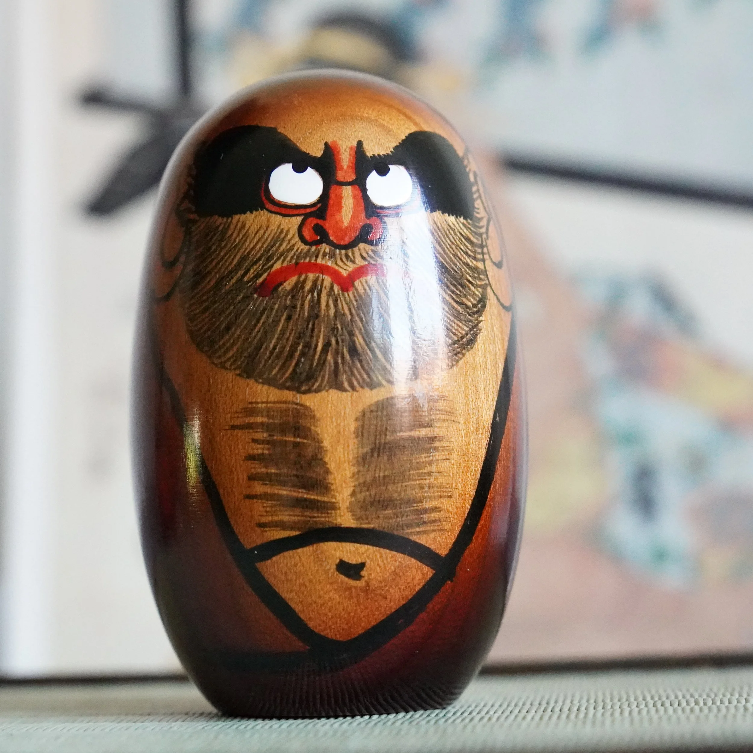 Keyaki wood Daruma Daishi by Seifu Gono, hand painted face, vintage Japanese mingei folk craft