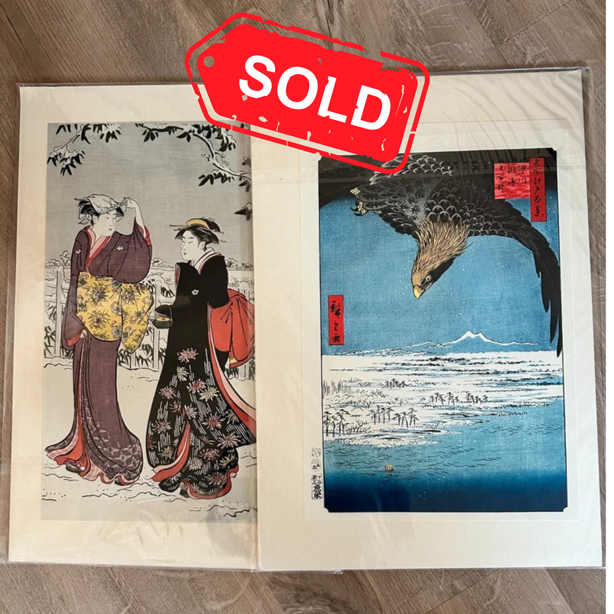 Two Japanese woodblock print reproductions, Hiroshige eagle snow scene and Kiyonaga-style bijin-ga, ca. 1970s both shown next to eachother