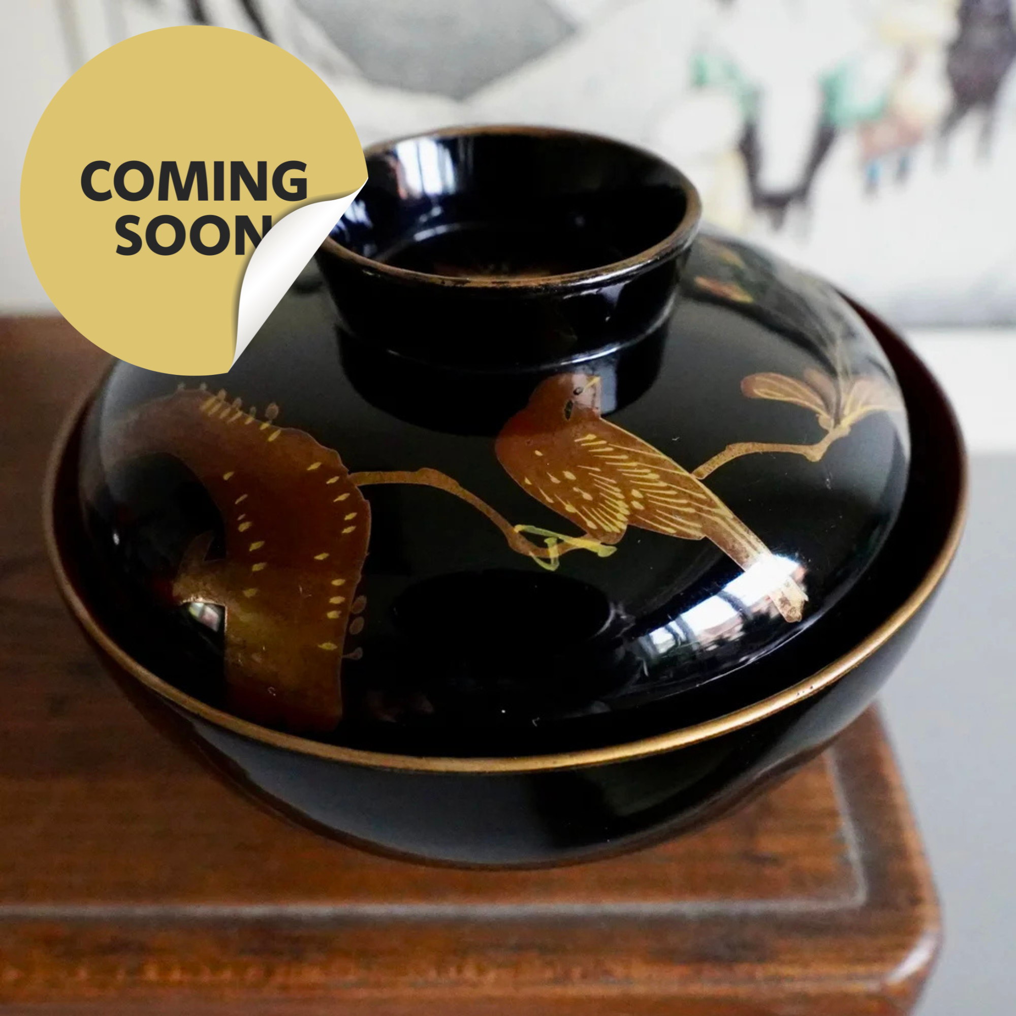 (coming soon) Lacquerware wooden owan miso bowls set of three including lids, in black with maki-e gold bird pattern, Shōwa period