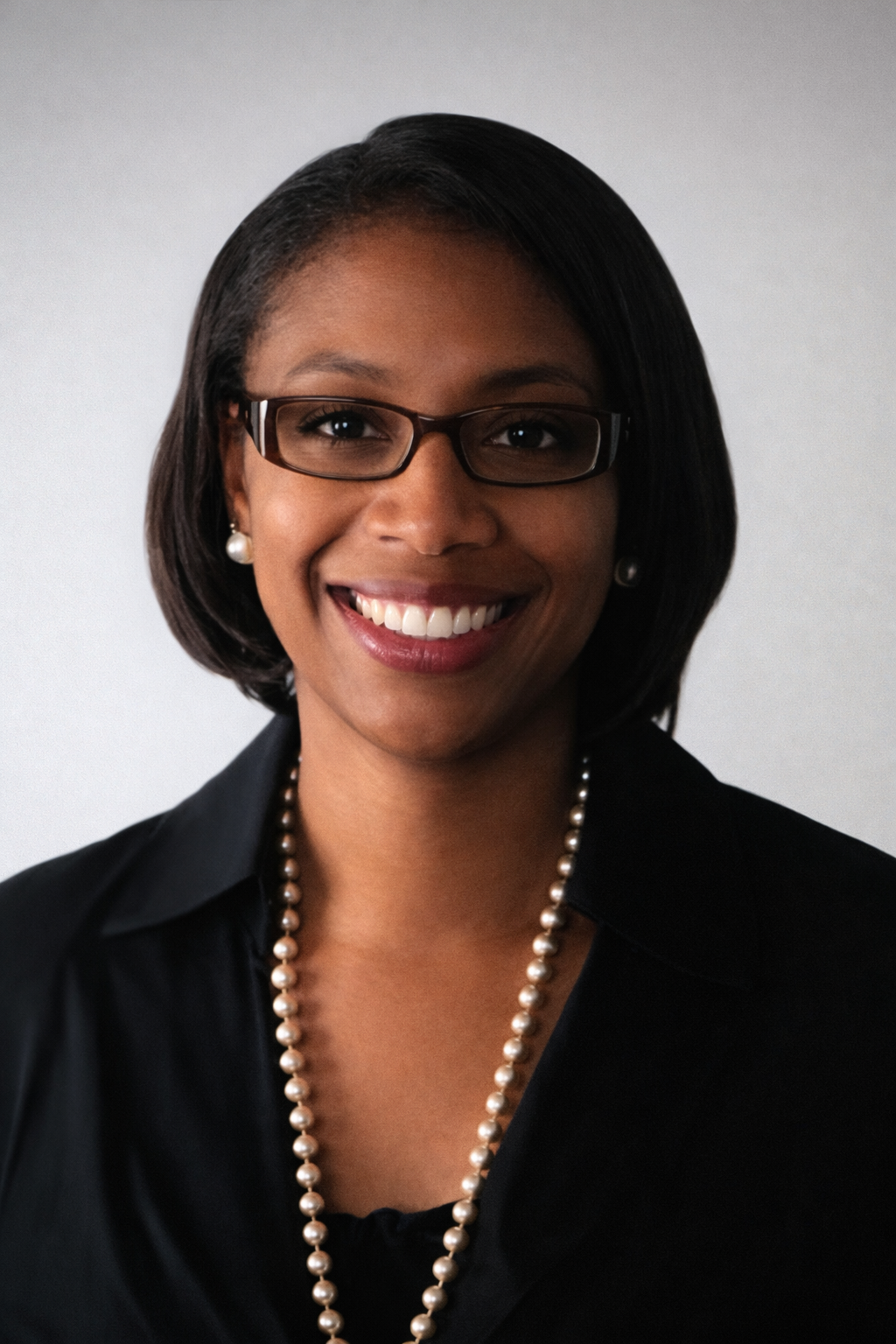 A smiling African American woman wearing glasses, pearl earrings, a pearl necklace, and a black blouse.