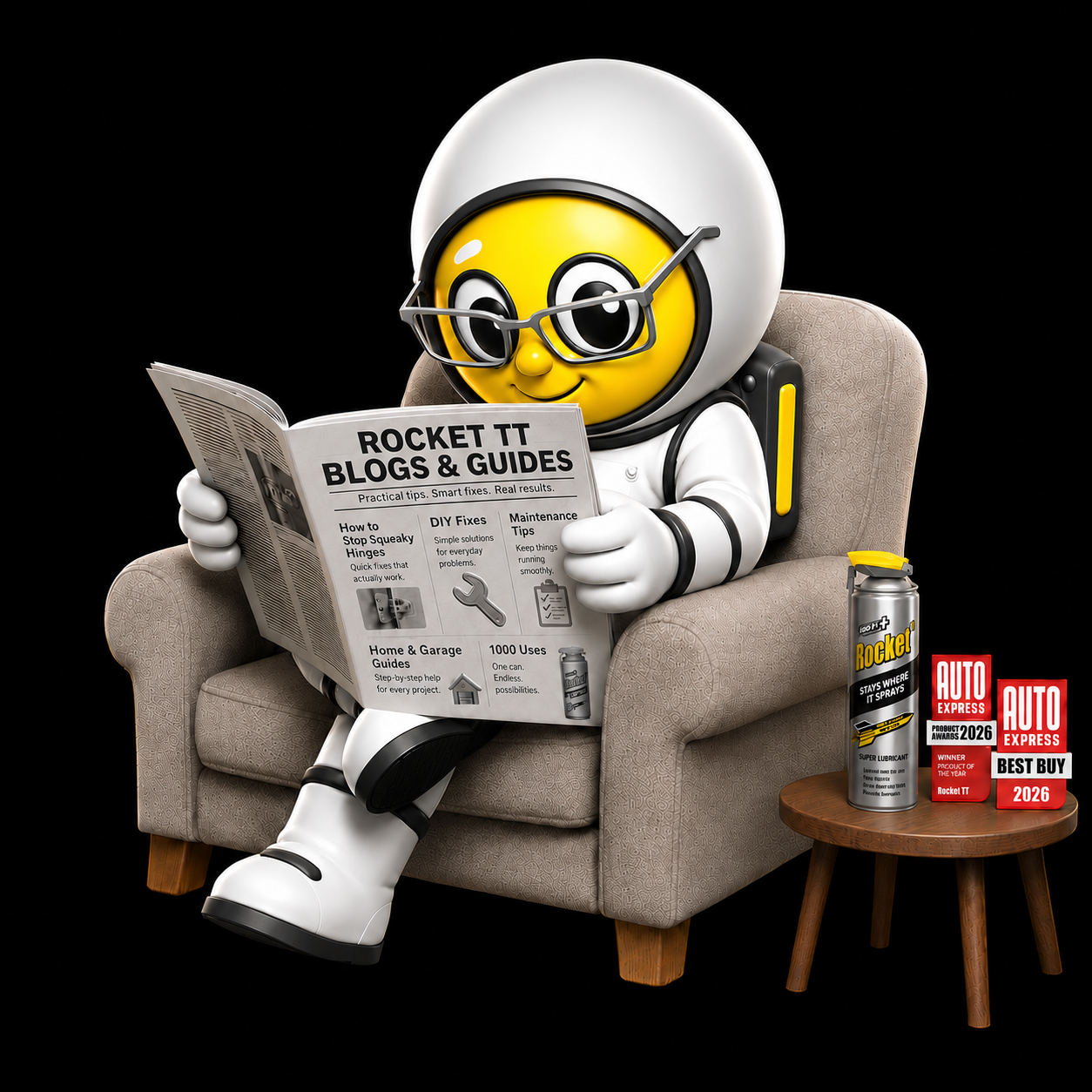 Rocket TT Man sitting on a armchair reading a newspaper titled "Rocket TT Blogs & Guides." On a small wooden table beside the chair, there is a can of Rocket TT lubricant spray and several award plaques from Auto Express labelled 'product of the year