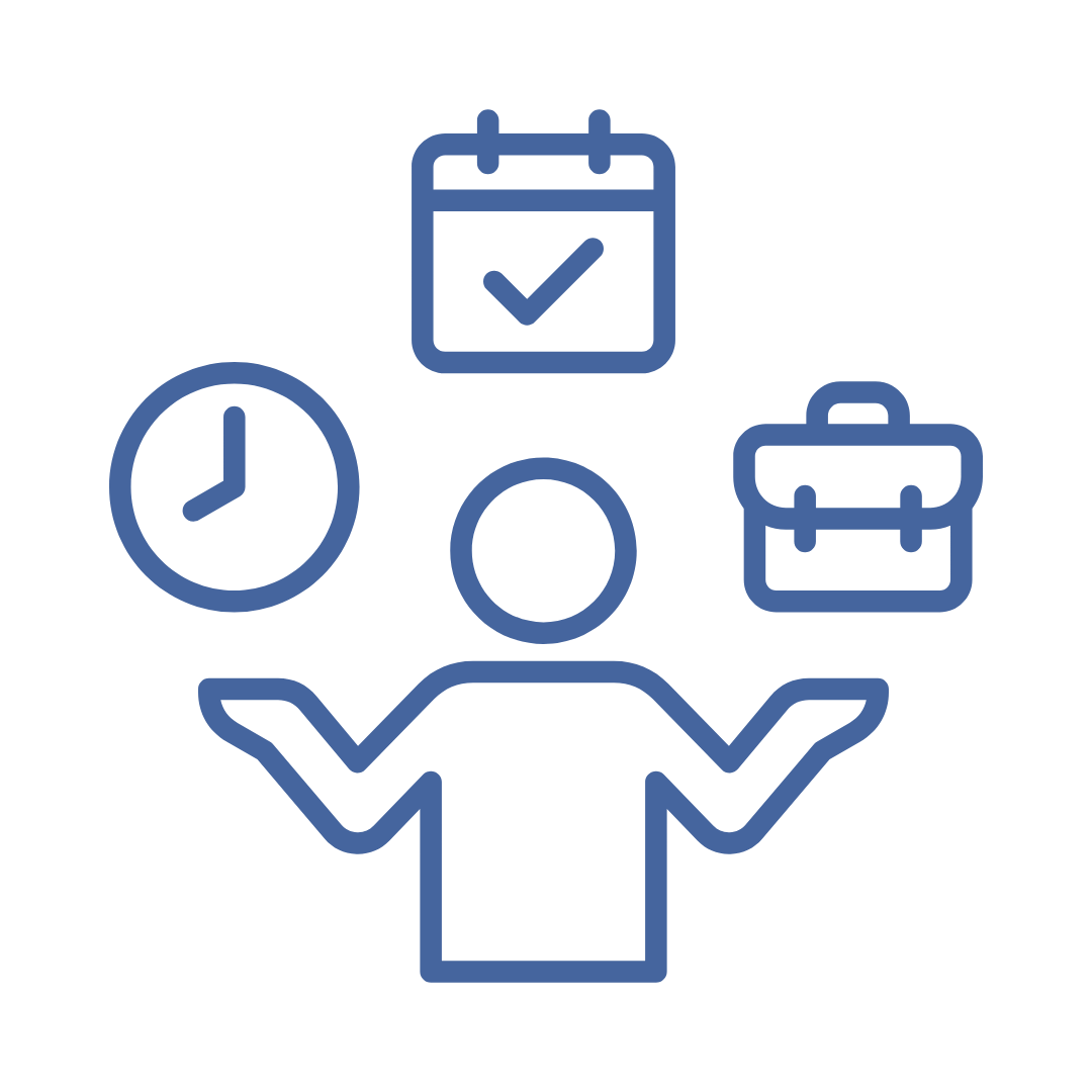 Outline icon of a person surrounded by a clock, a calendar with a checkmark, and a briefcase, representing time management and scheduling.