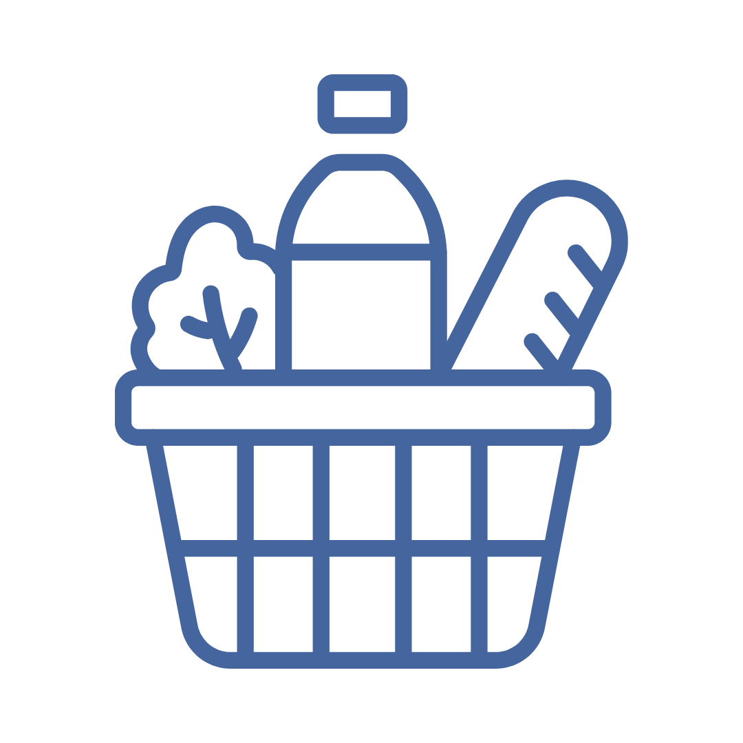 Outline of a shopping basket containing a bottle, a leafy vegetable, and a loaf of bread.