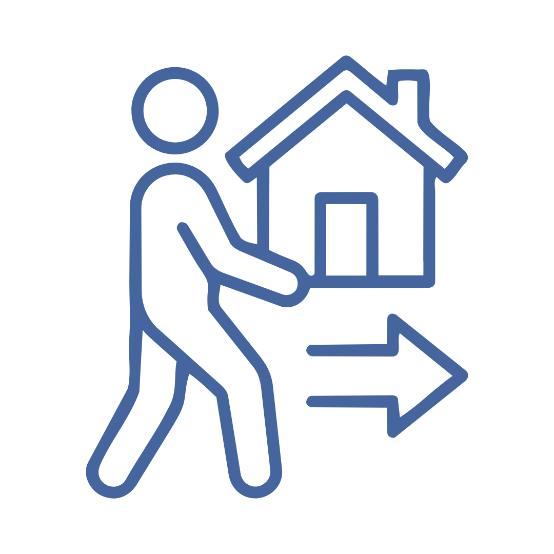 Icon of a person carrying a house with an arrow pointing to the right.