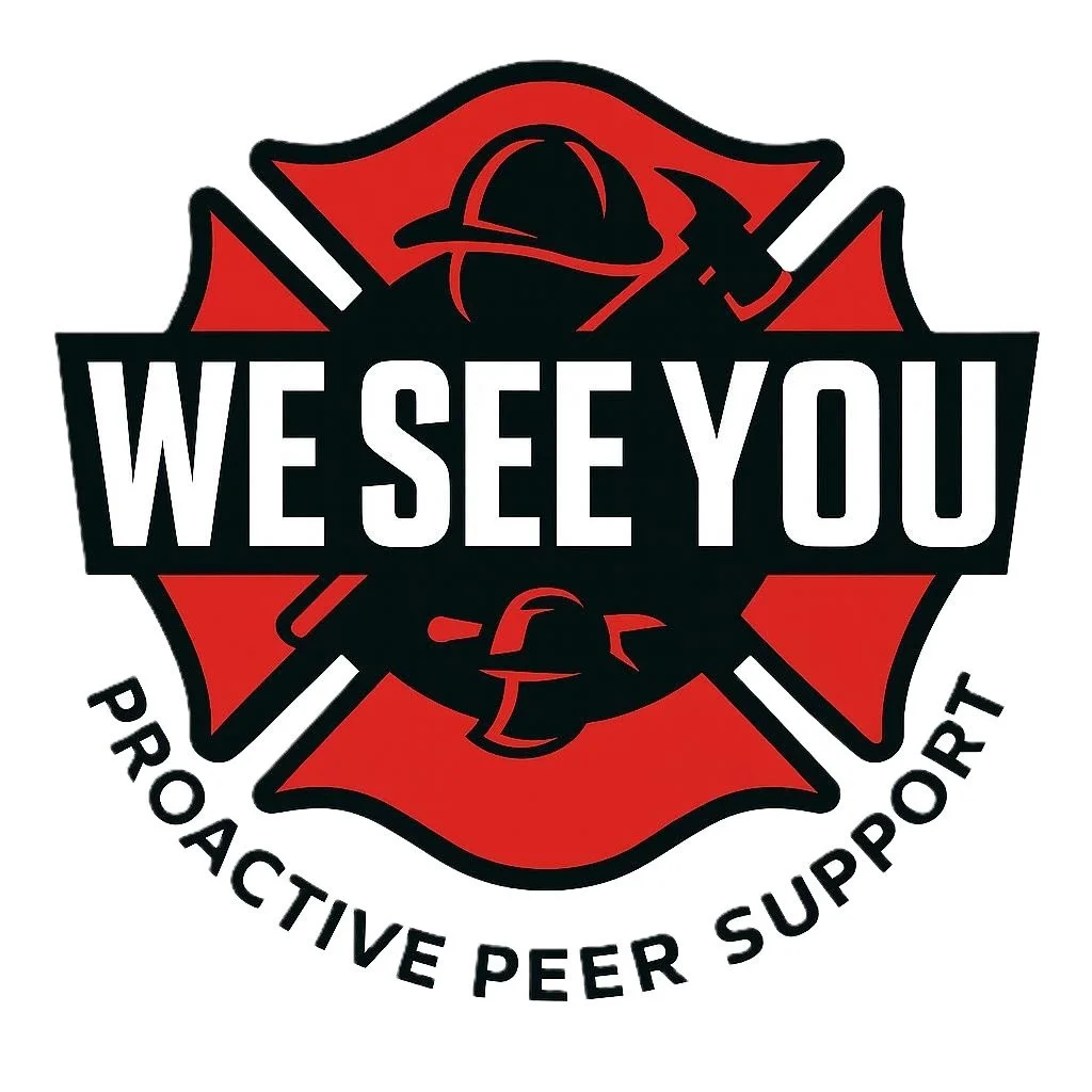 Logo for WE SEE YOU, a proactive peer support organization, featuring a firefighter's helmet and axe crossed behind the text.