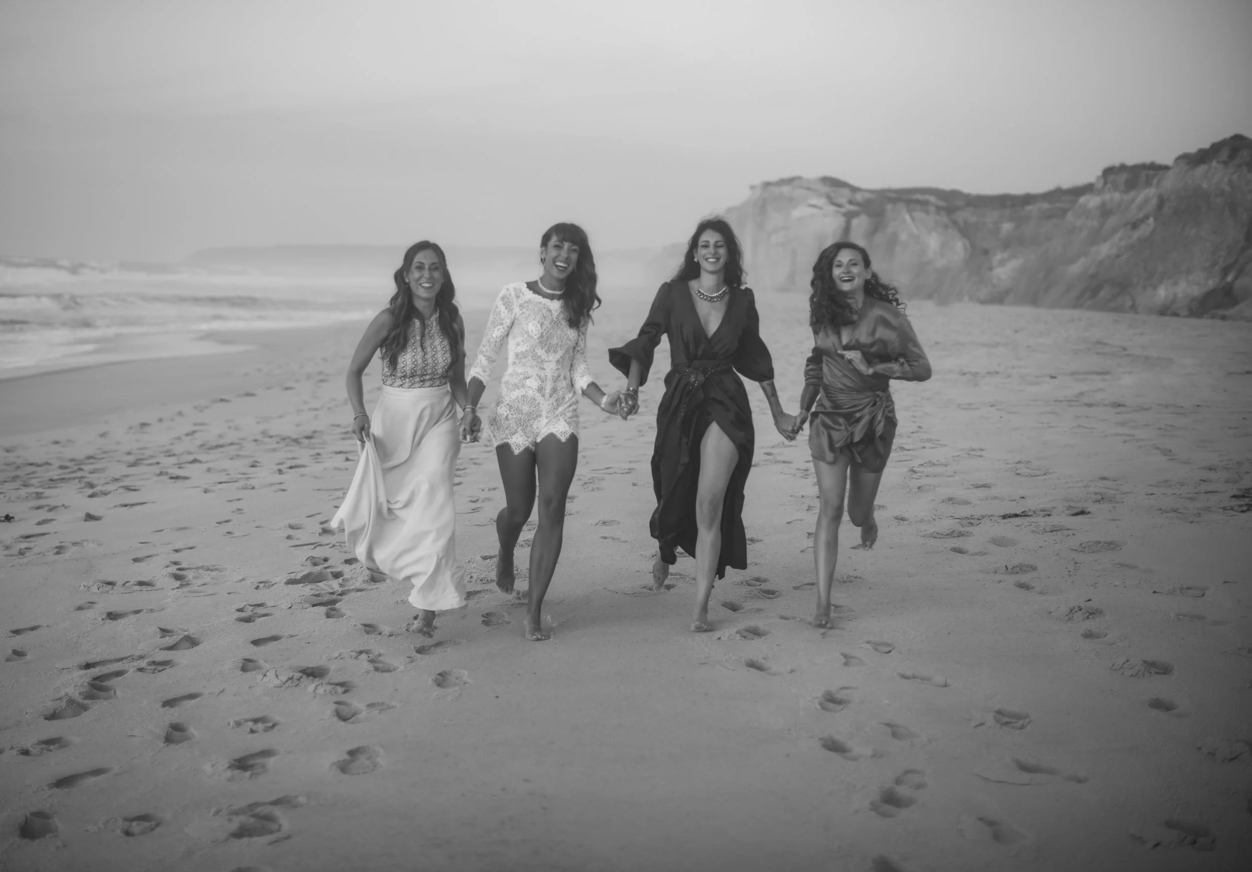 bride and bridemaids on the beach in portugal, praia del rey resort marriot , intimate wedding
