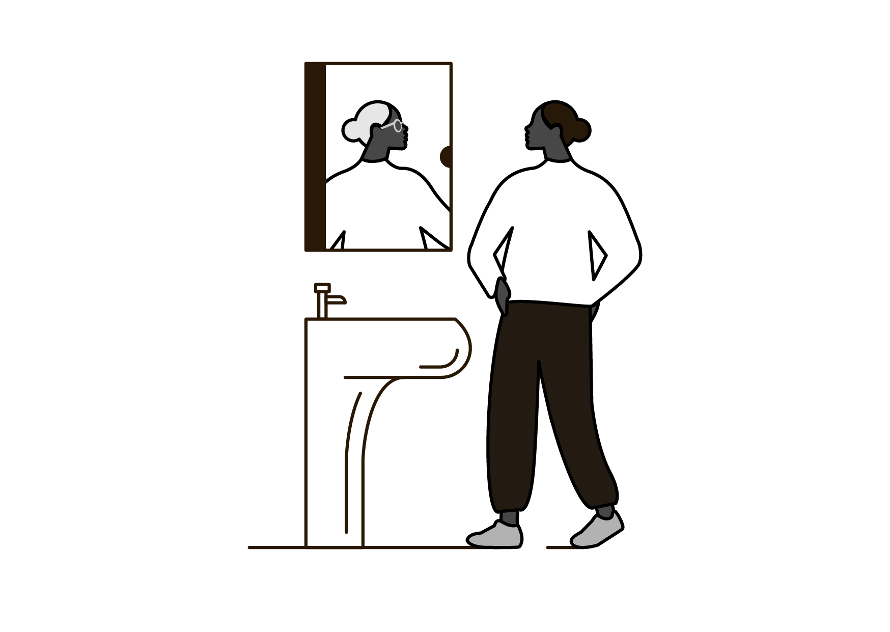 A person standing in front of a mirror with their hand on their hip, looking at their reflection. There is a white sink with a faucet nearby, and the person is wearing a white shirt and black pants.