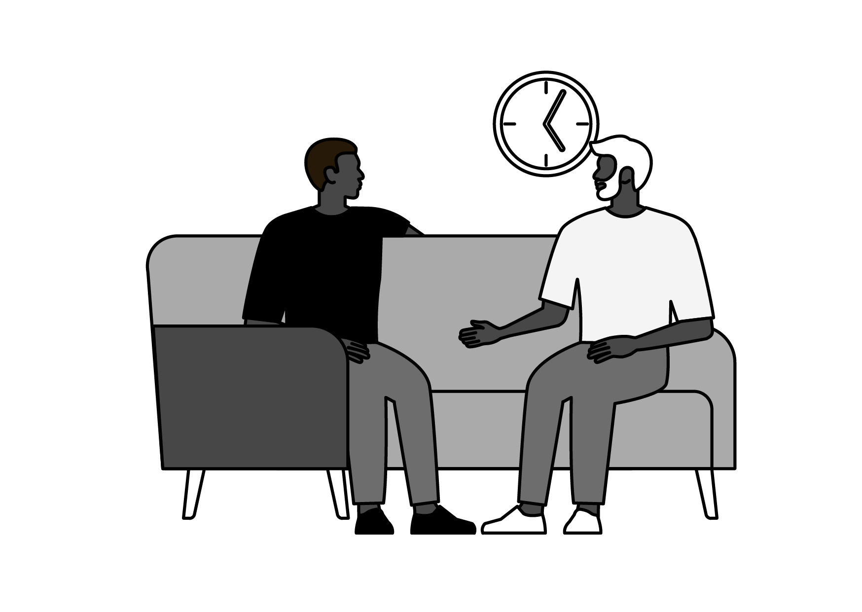 Two men sitting on a sofa having a conversation, with a clock on the wall behind them showing 2:55.