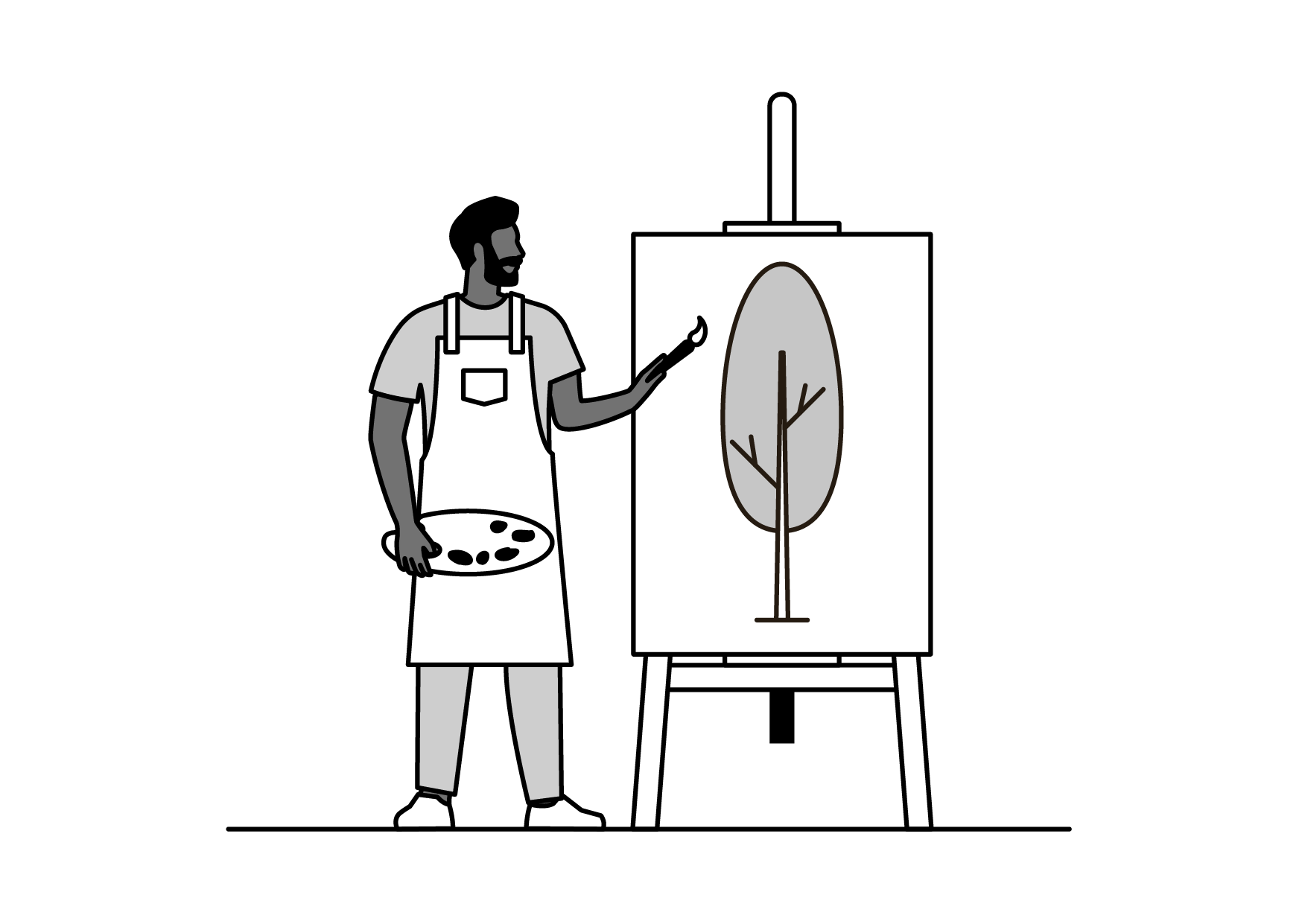 An artist with a paint palette painting a picture of a tree on a canvas in a dark background.