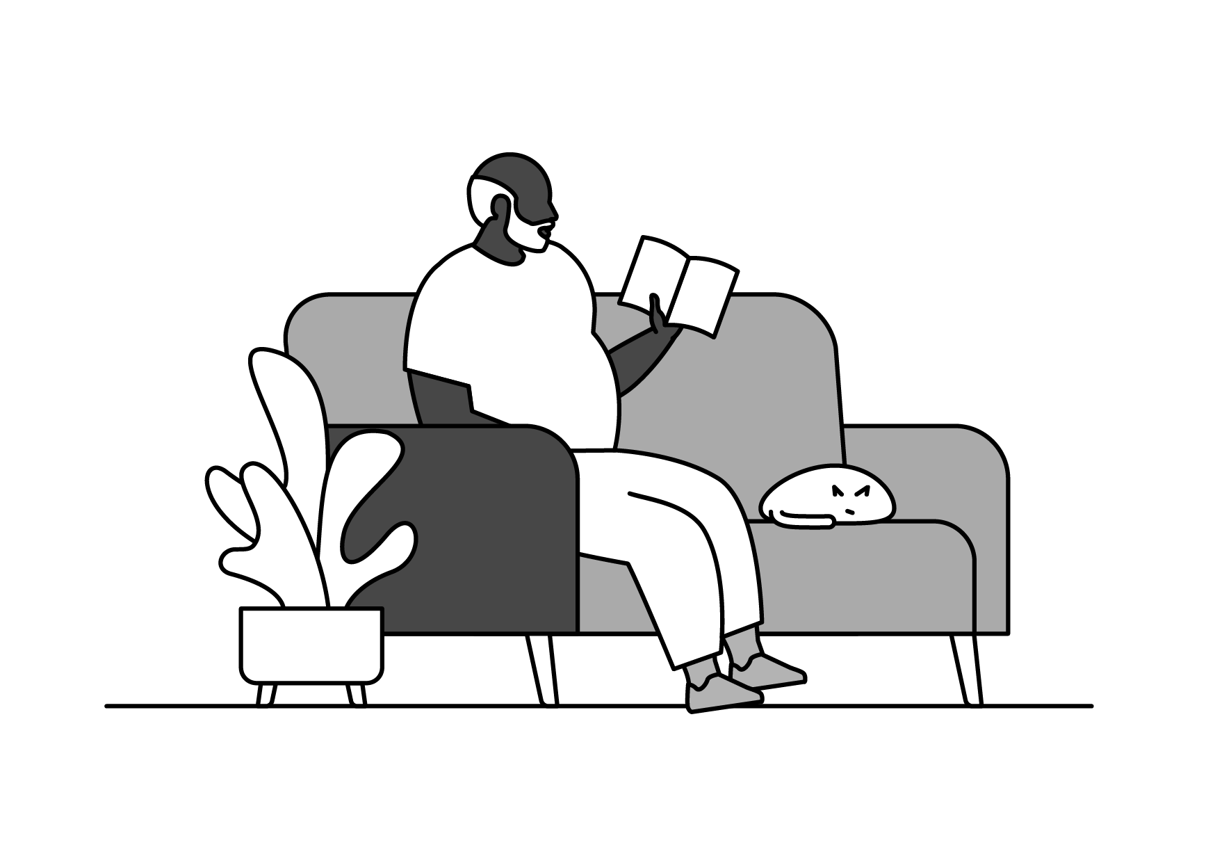 A person sitting on a sofa, reading a book, with a keyboard on their lap and a cat lying on the sofa next to them, in a room with a potted plant.