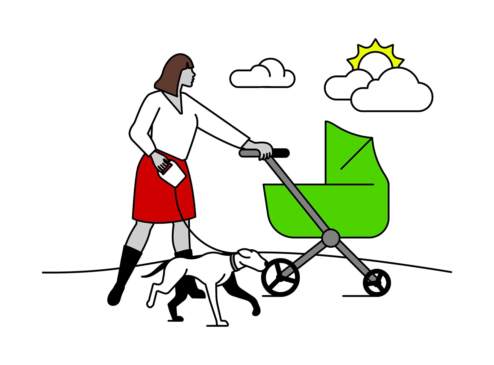 An illustration of a woman walking a dog while pushing a green stroller, with a sun, clouds, and a partly cloudy sky in the background.