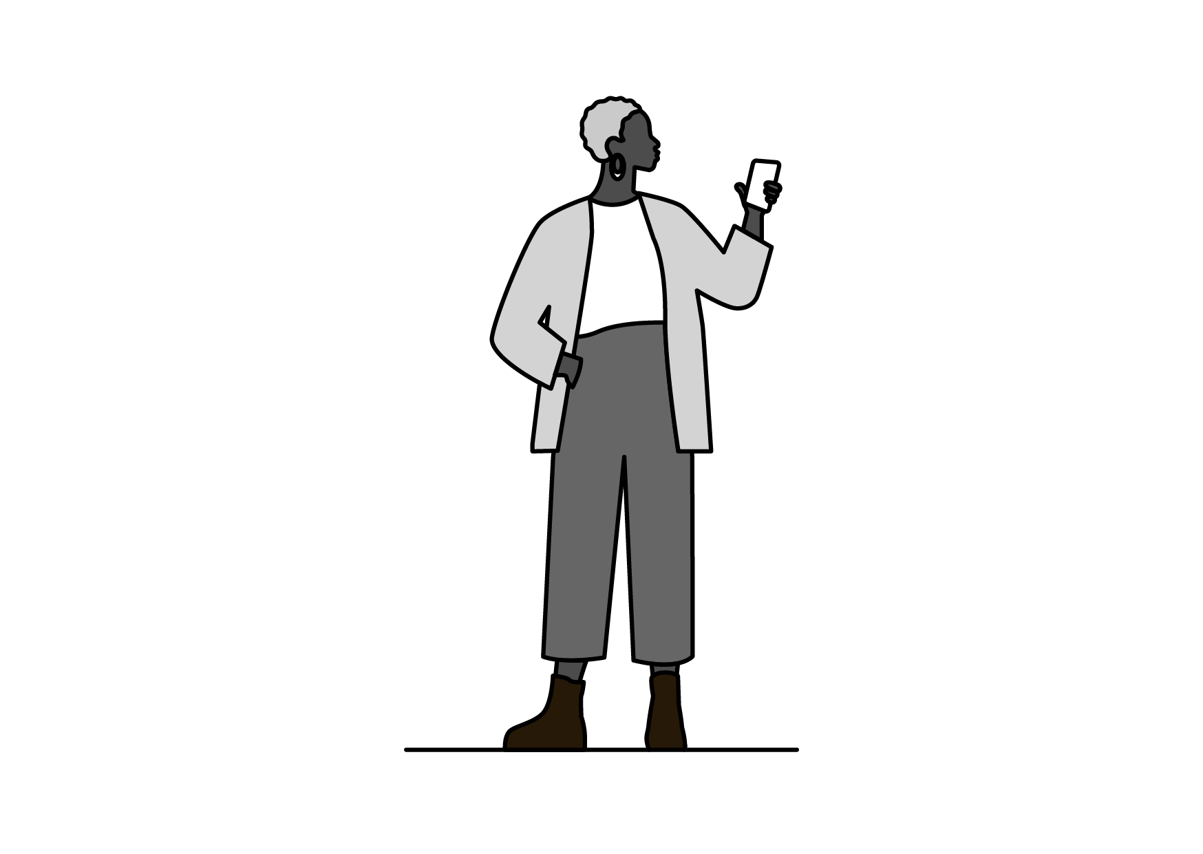 Stylized illustration of a woman with short hair, wearing a gray coat, gray pants, and brown shoes, holding a smartphone in her right hand against a black background.