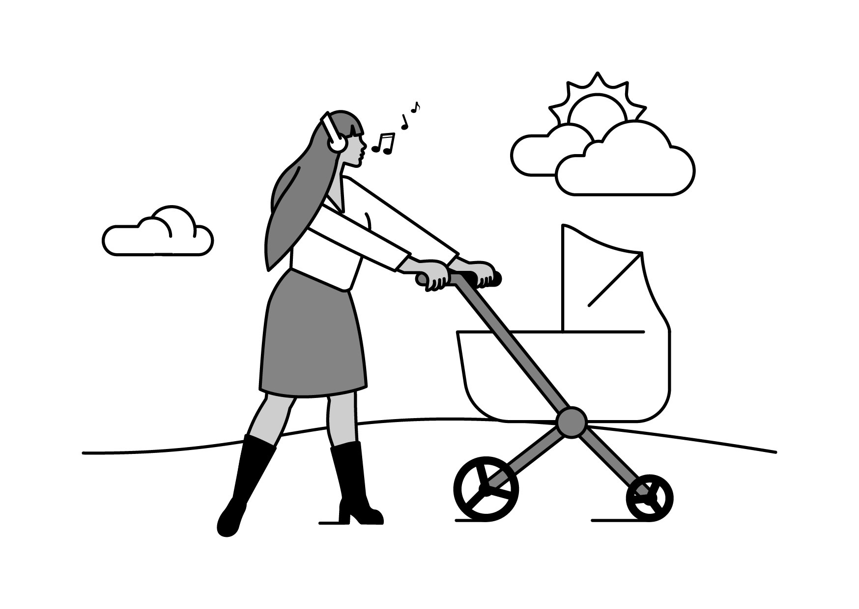 Black and white illustration of a woman pushing a baby stroller outdoors, with clouds and a sun in the sky.