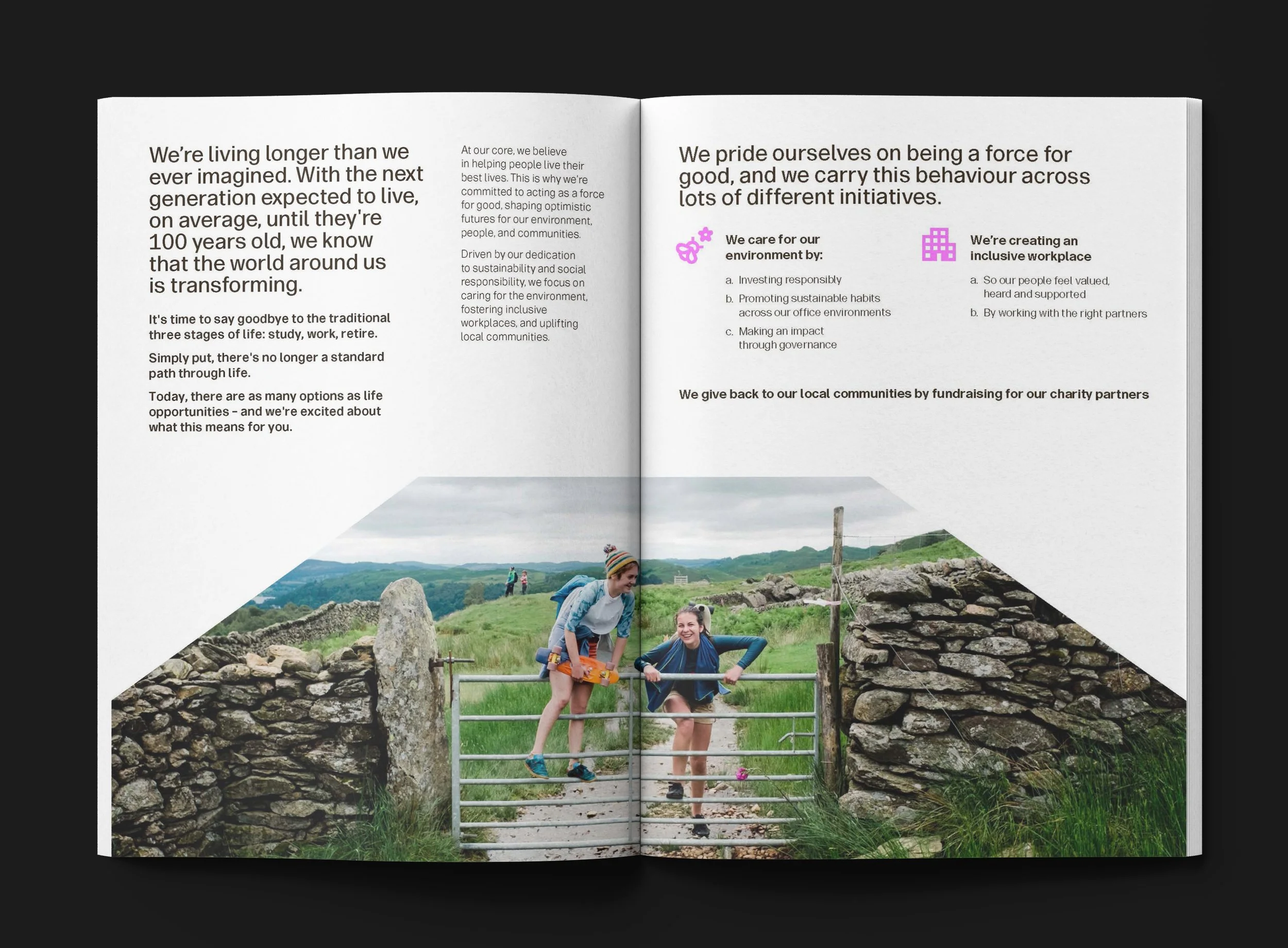 Open magazine with text and a photo of two children playing at a stone gate in a green rural landscape.