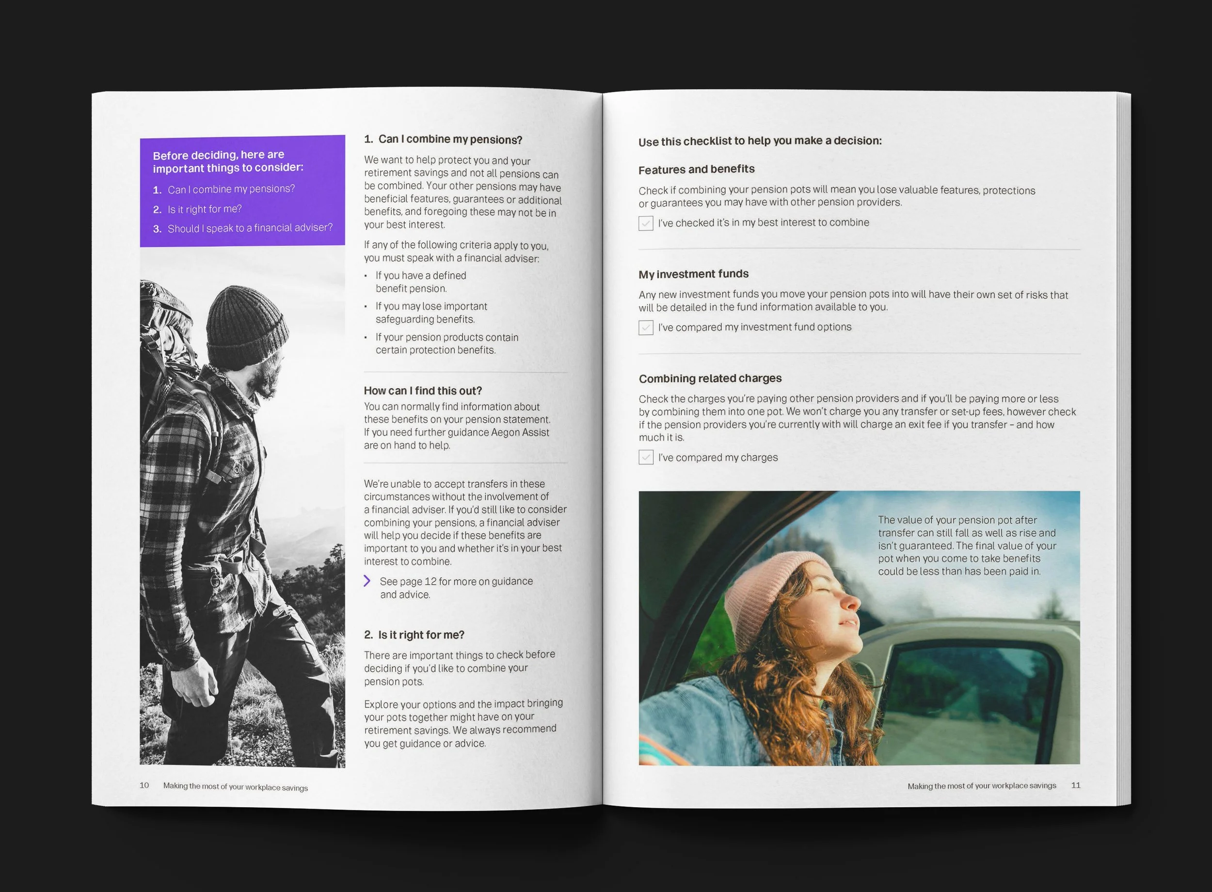 Open booklet with information on pension pots, features, investment funds, and charges, with a black and white photo of a man with a backpack on the left page and a color photo of a woman with sunglasses looking out a car window on the right page.