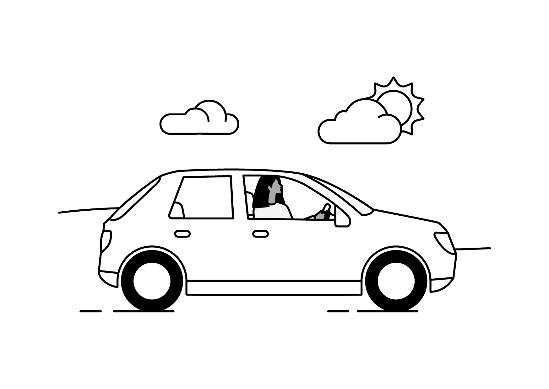 Line drawing of a woman driving a car, with clouds and a sun in the sky.
