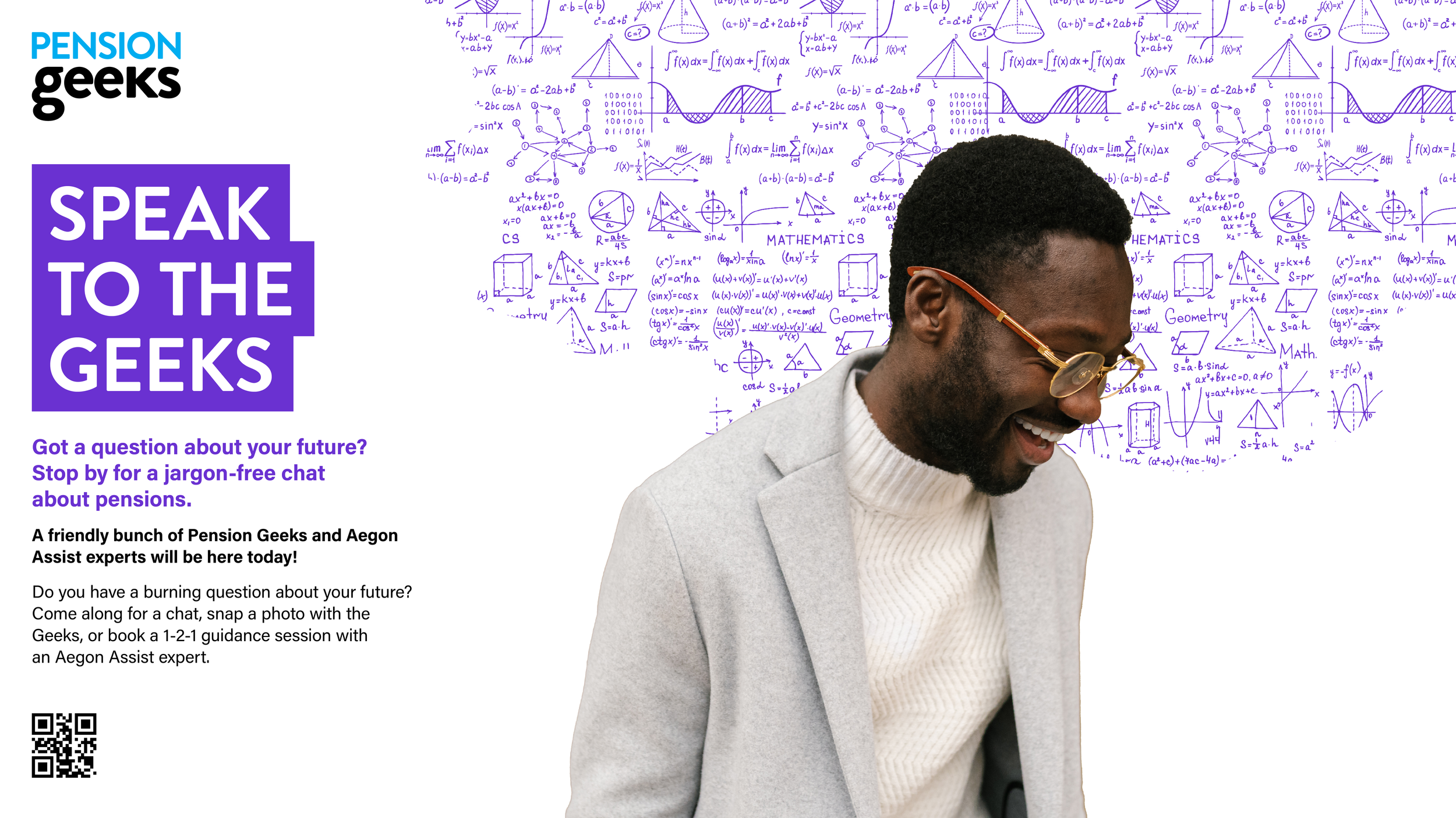 A smiling man wearing glasses, a light gray blazer, and a cream-colored sweater, standing against a background of purple mathematical and geometric diagrams and equations, with a white section on the left side displaying text about Pension Geeks and 