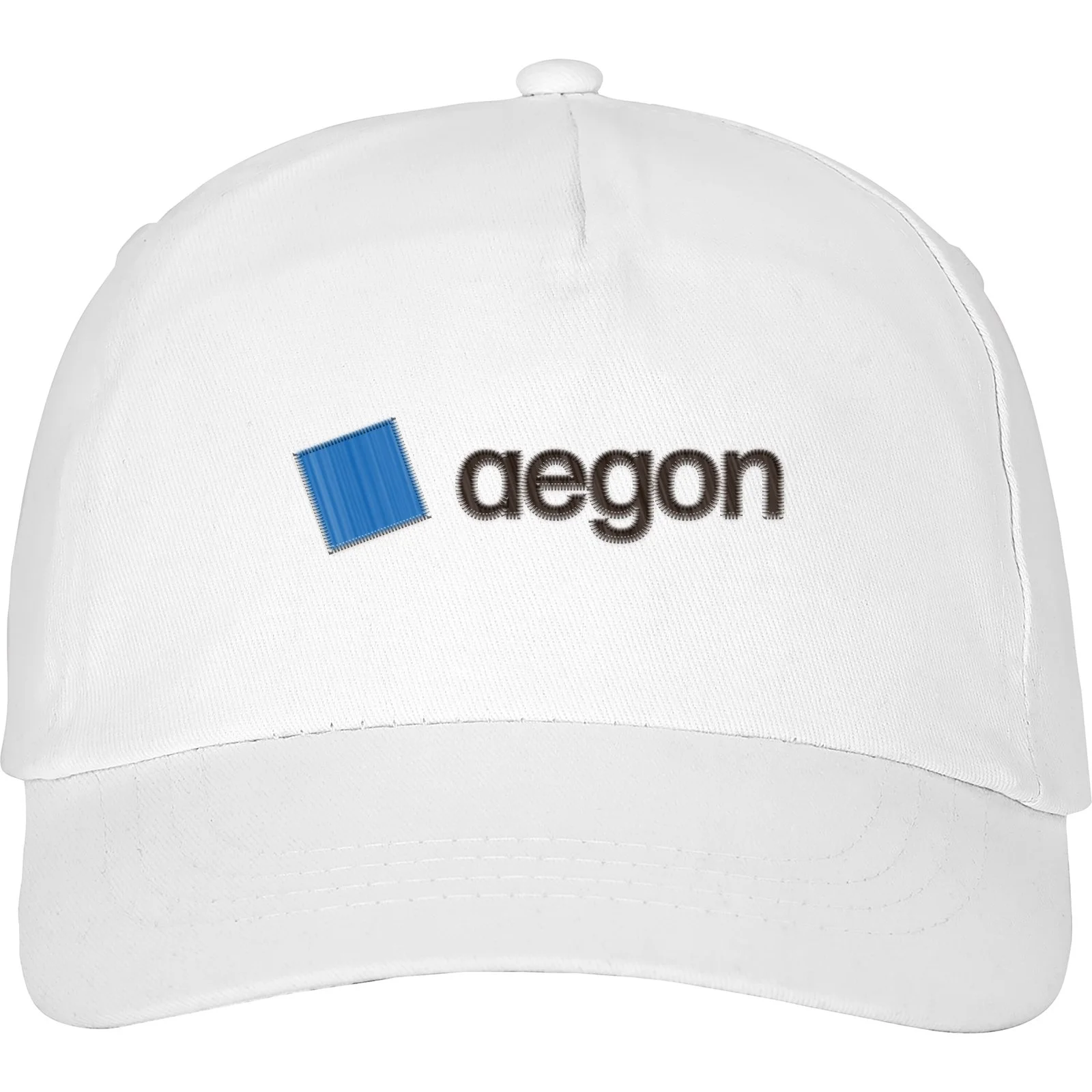 White baseball cap with 'Aegon' logo embroidered on front, featuring a blue square and black text.