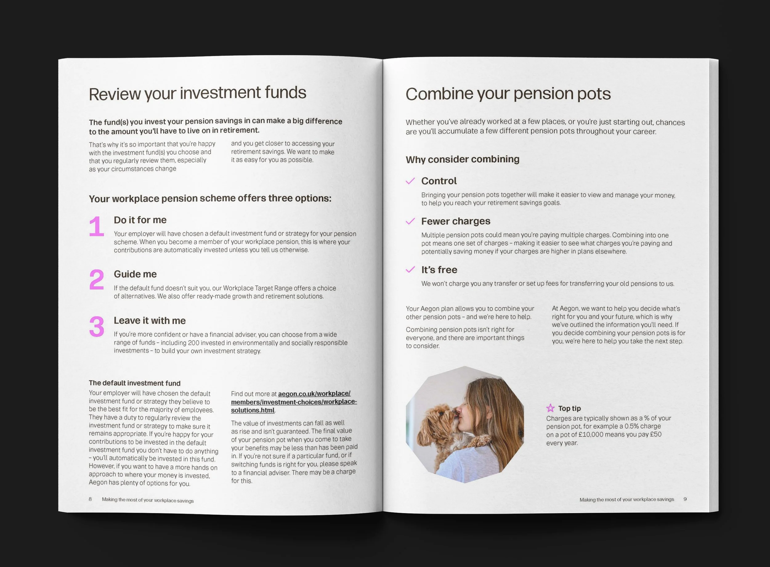 Open booklet showing pages about pension funds, combining pension pots, and tips for retirement planning, with a photo of a woman hugging her dog at the bottom right.