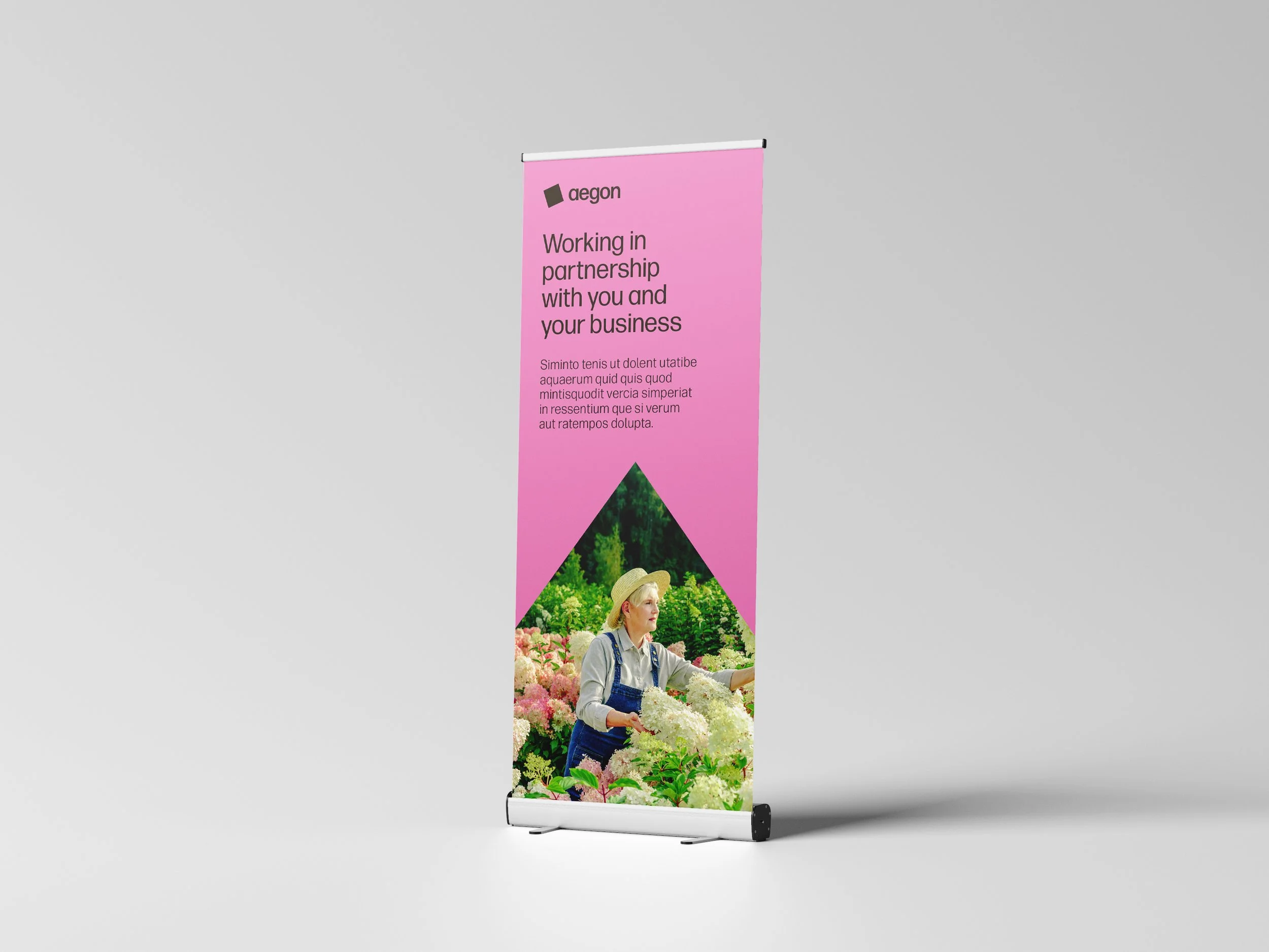 A pink vertical banner with the logo 'aegon' at the top, text about partnership with a business, and an image of a woman in a flower garden, wearing a hat and overalls.