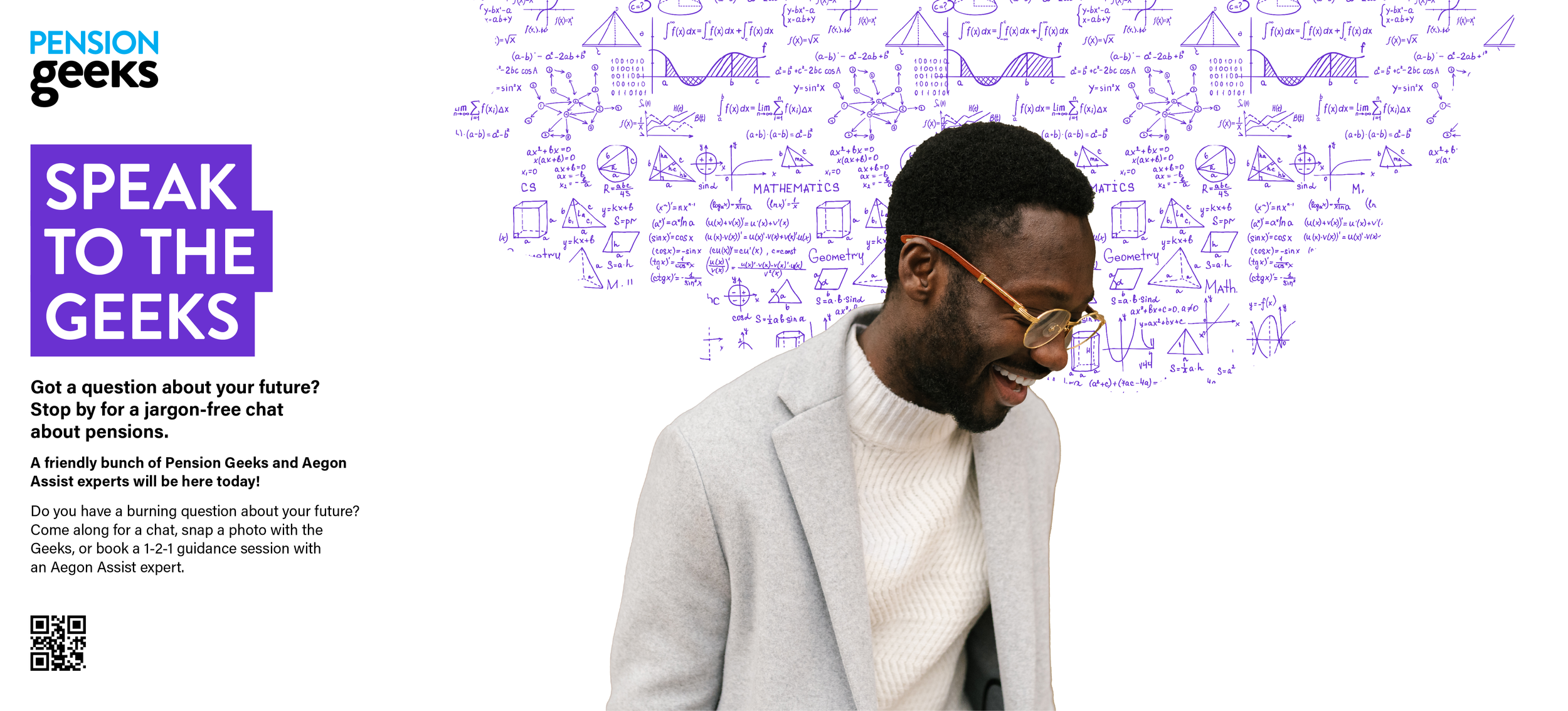 A man smiling, wearing glasses and a light gray blazer over a white knit sweater, looking down. The background features purple math diagrams and equations. The left side contains text inviting people to discuss their pension questions with Pension Ge