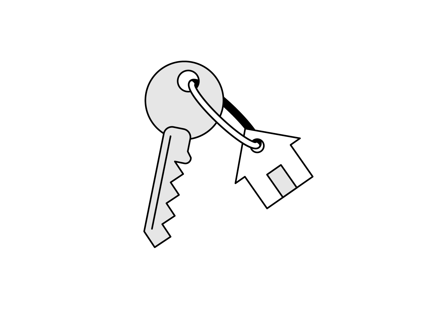 Black background with a white key and a house-shaped keychain attached to the key.