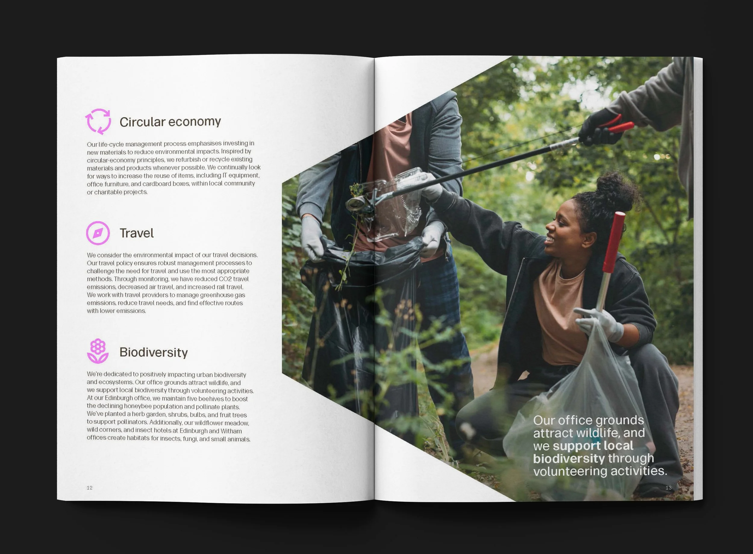 People planting trees in a forest, with a woman smiling and holding a tree seedling, while others work together.