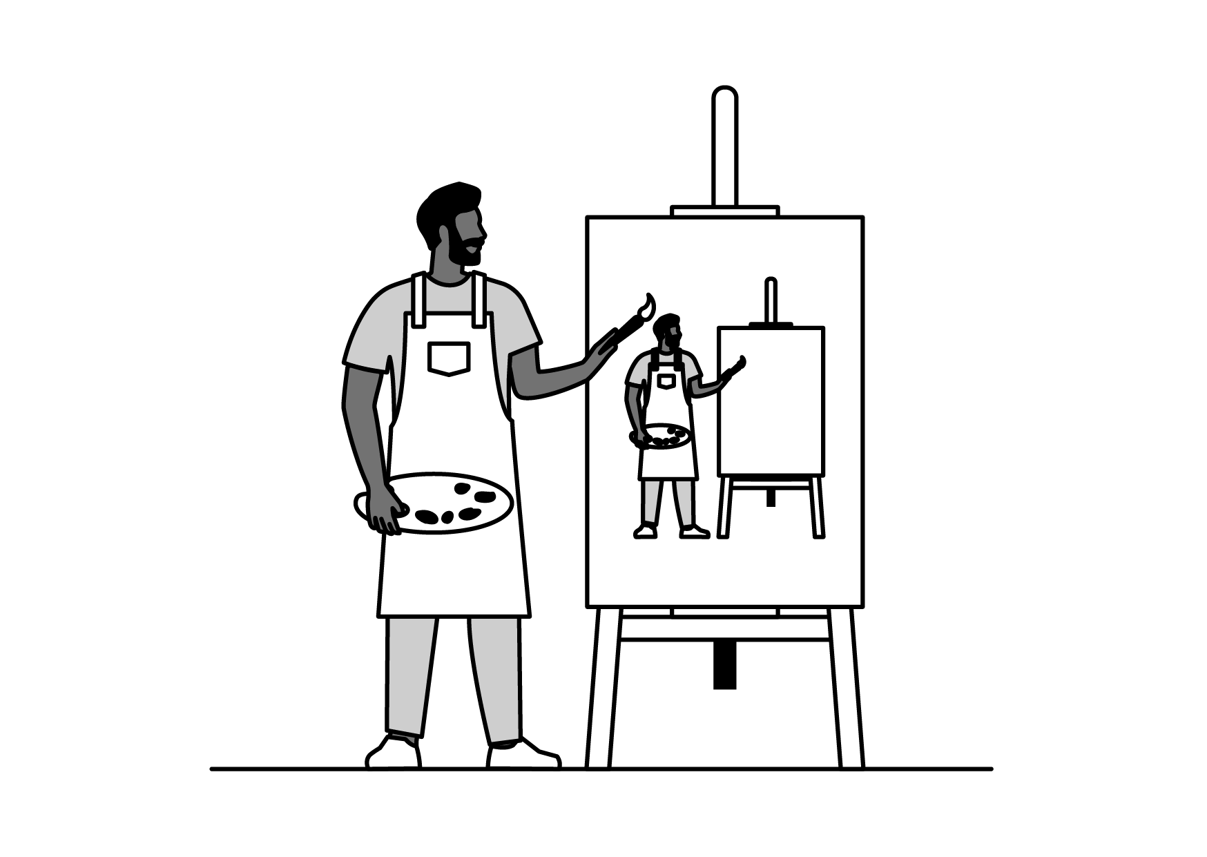 A man standing in front of an easel, holding a painter's palette in one hand and a paintbrush in the other, painting a portrait of himself on the easel.