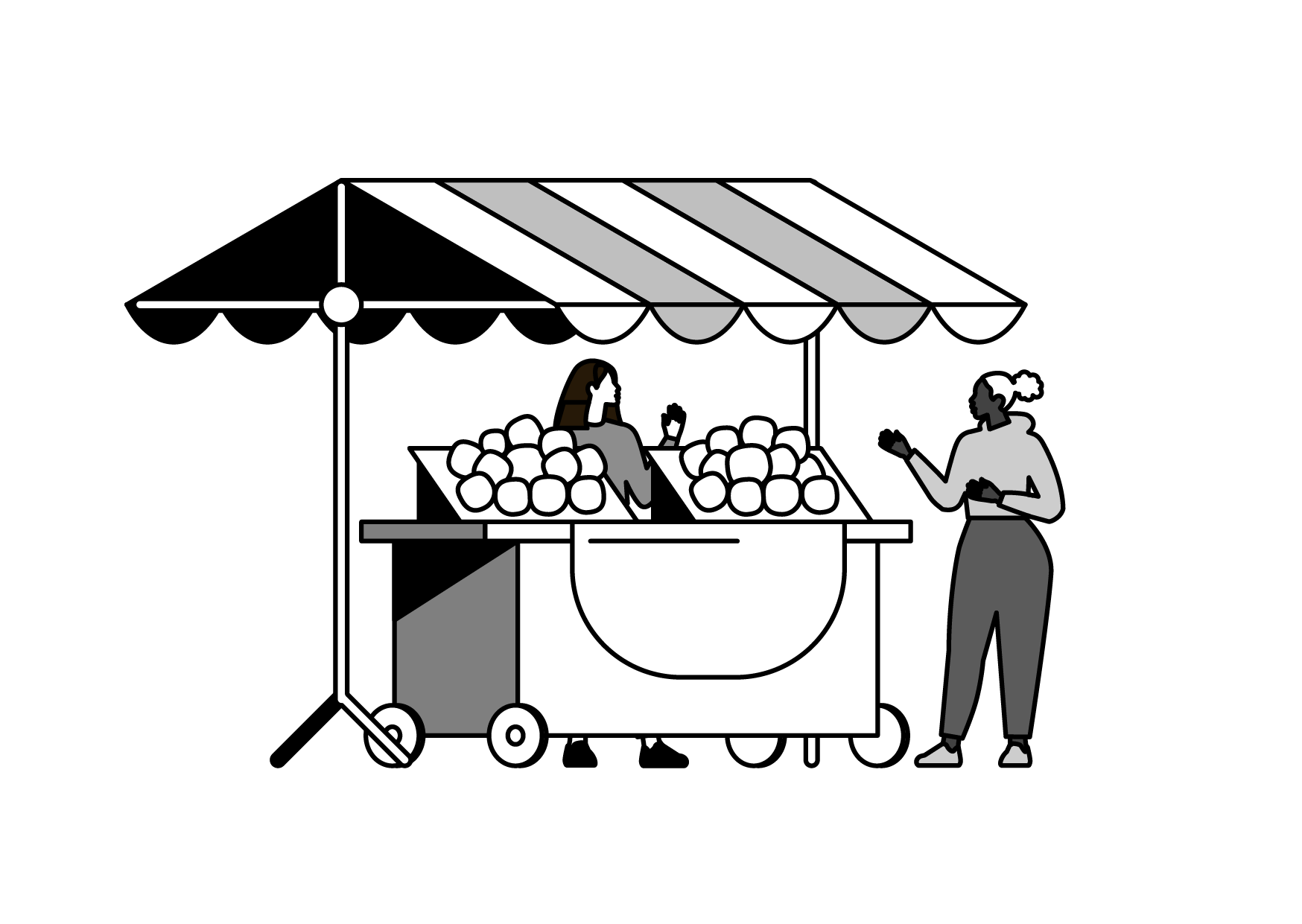 Black and white illustration of a woman talking to a vendor at a fruit stand under a striped awning, with fruit displayed on the stand.