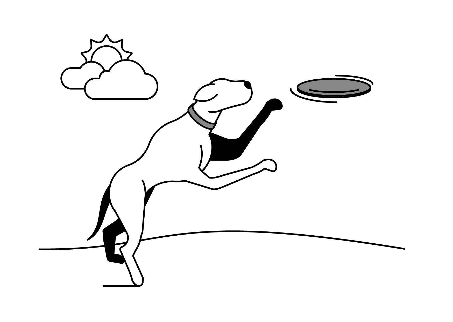Black and white illustration of a dog looking at a frisbee in the air with clouds and a sun in the background.