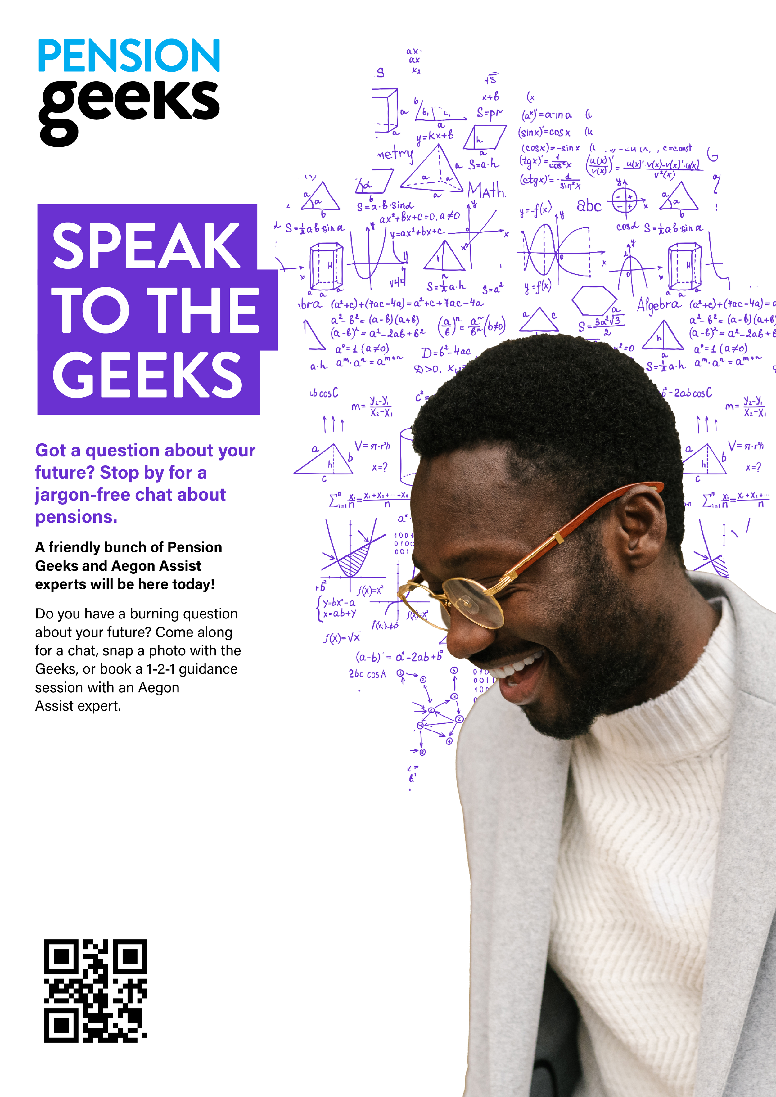 A person with glasses smiling, wearing a white sweater and gray blazer, standing in front of a background covered with blue mathematical and geometrical sketches.