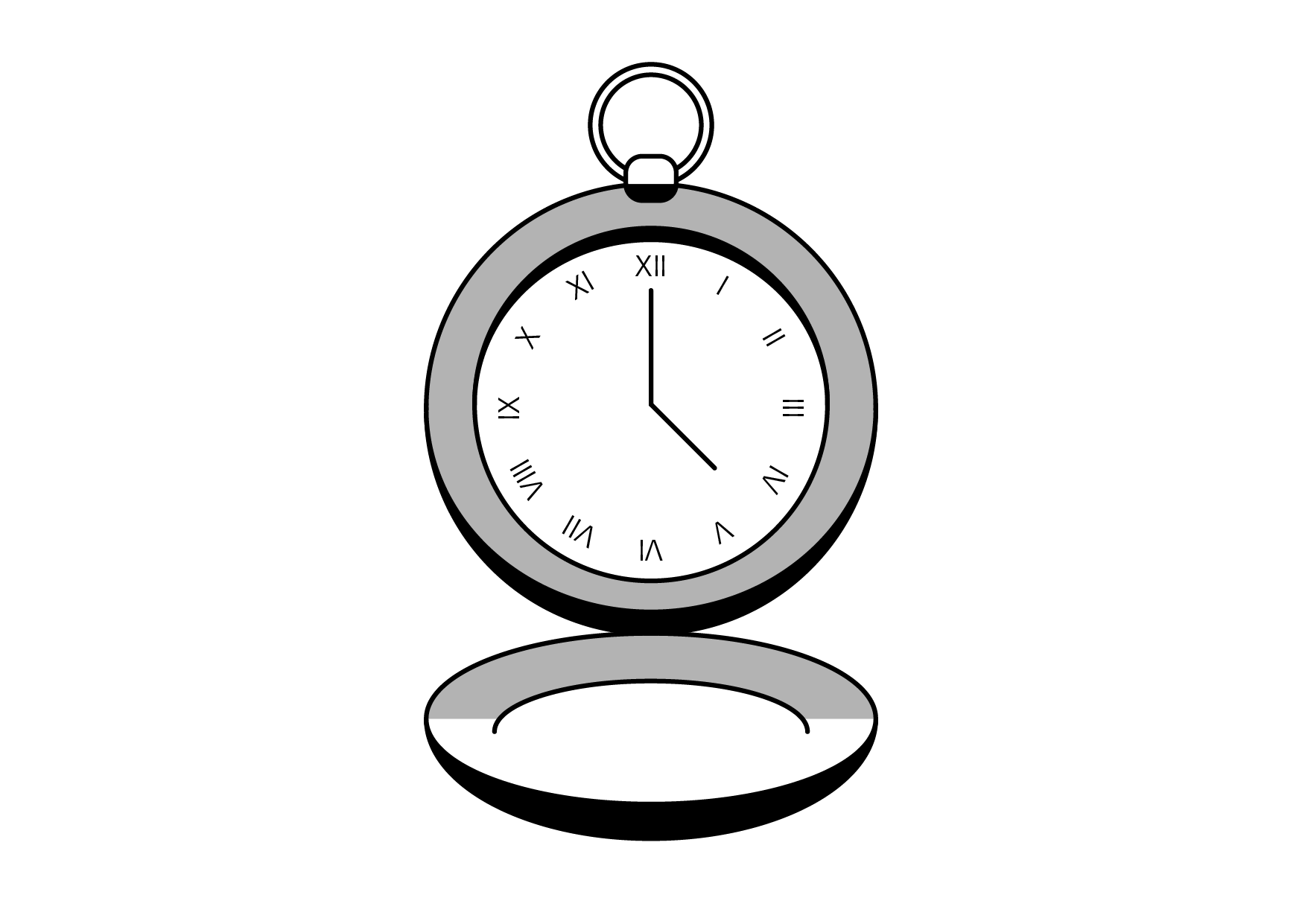 A pocket watch with a white face displaying the time as 4:00, set against a black background, with the cover open beneath it.