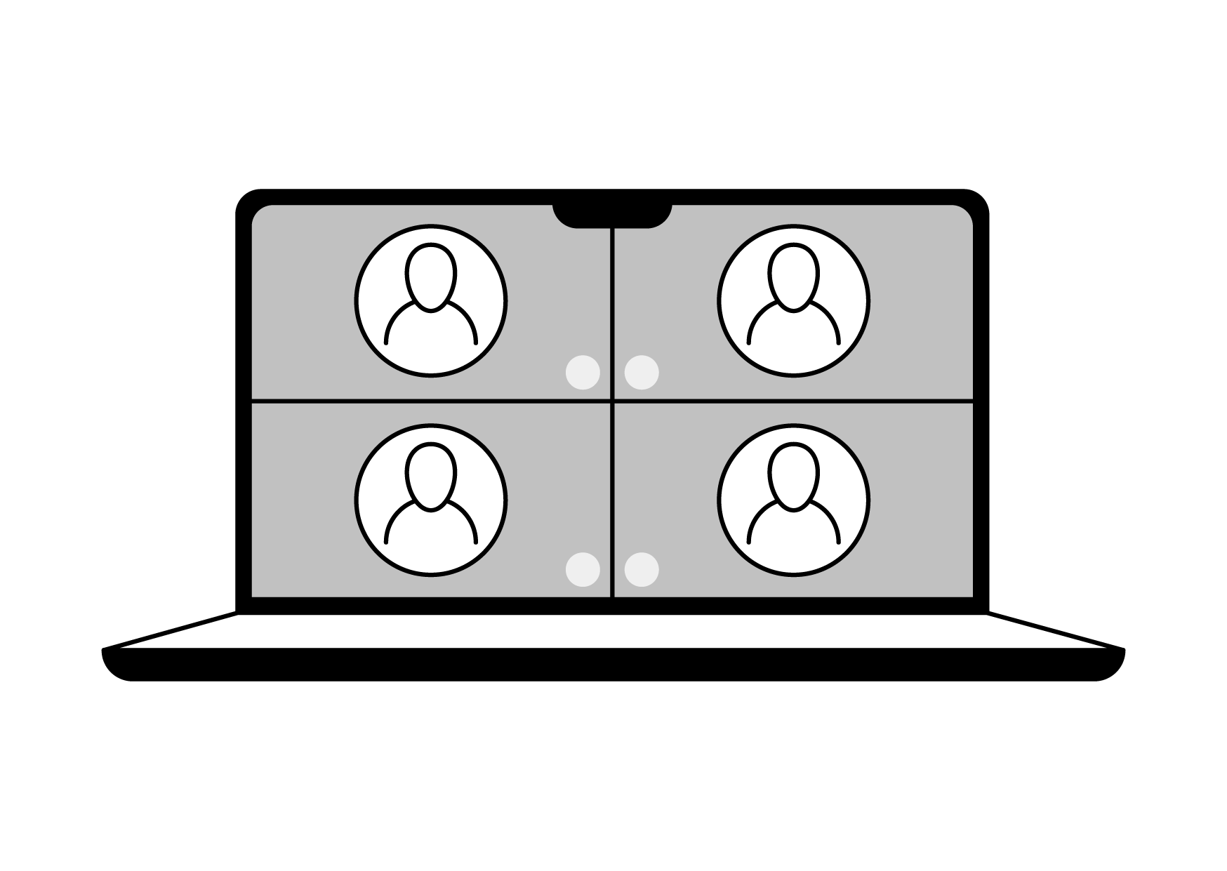 A black and white illustration of a video conference call with four participants, each represented by a circular icon with a person silhouette, displayed on a laptop screen.