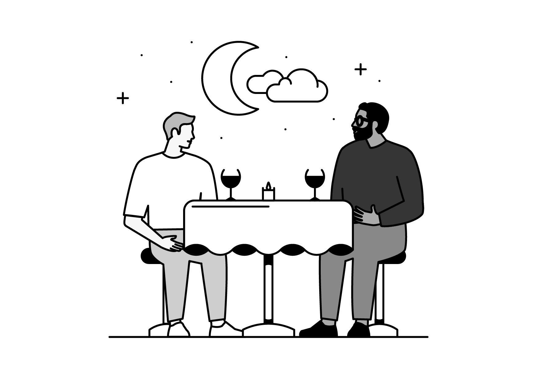 Two men standing at a table with a cake and a candle, under clouds in the sky.