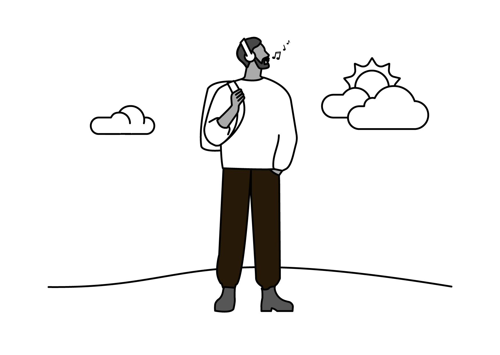 Illustration of a man wearing headphones, a white shirt, and brown pants, standing against a black background with clouds and a sun.